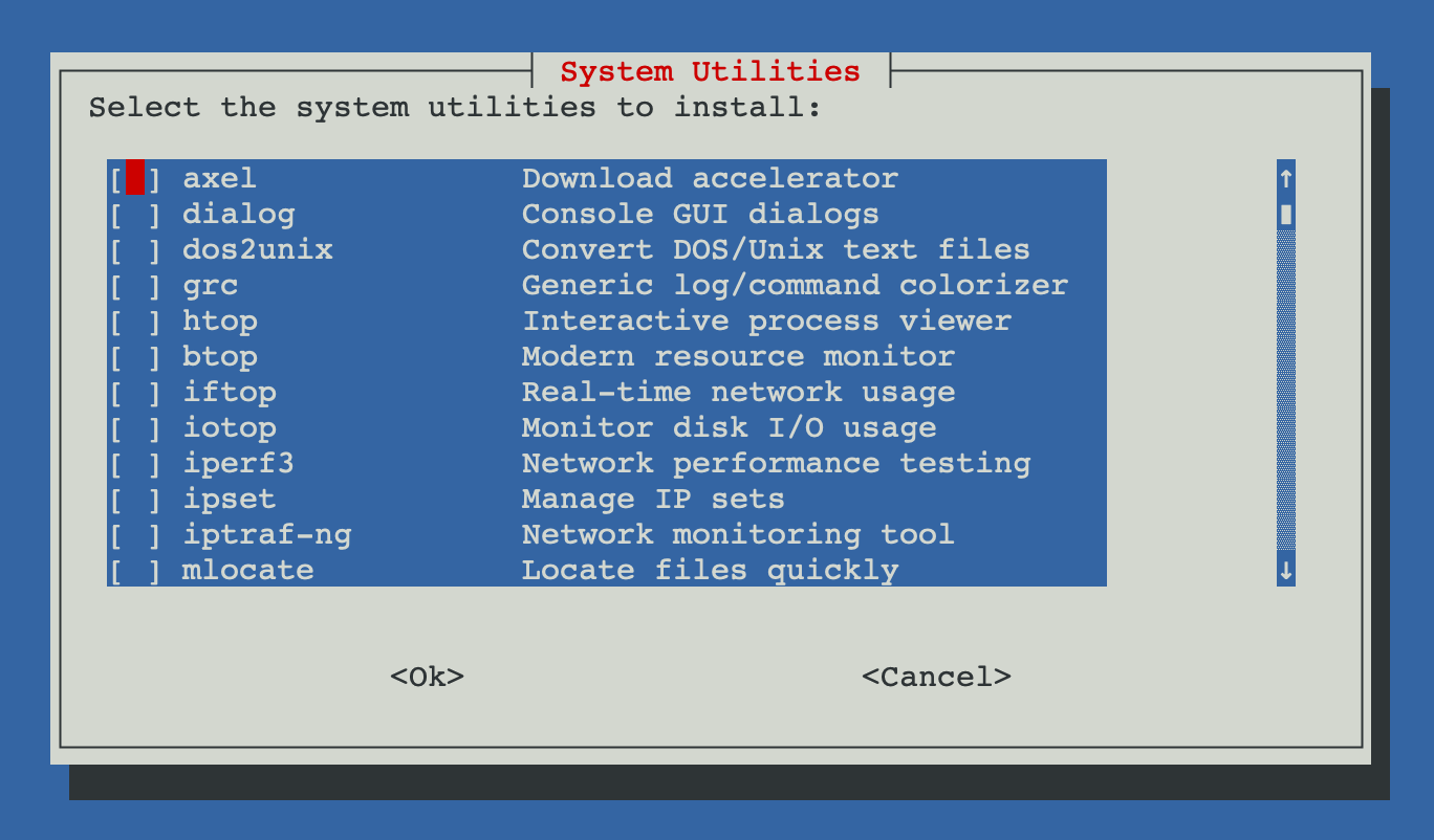 Checklist dialog showing the list of ProxMenux system utilities with space to select and enter to confirm
