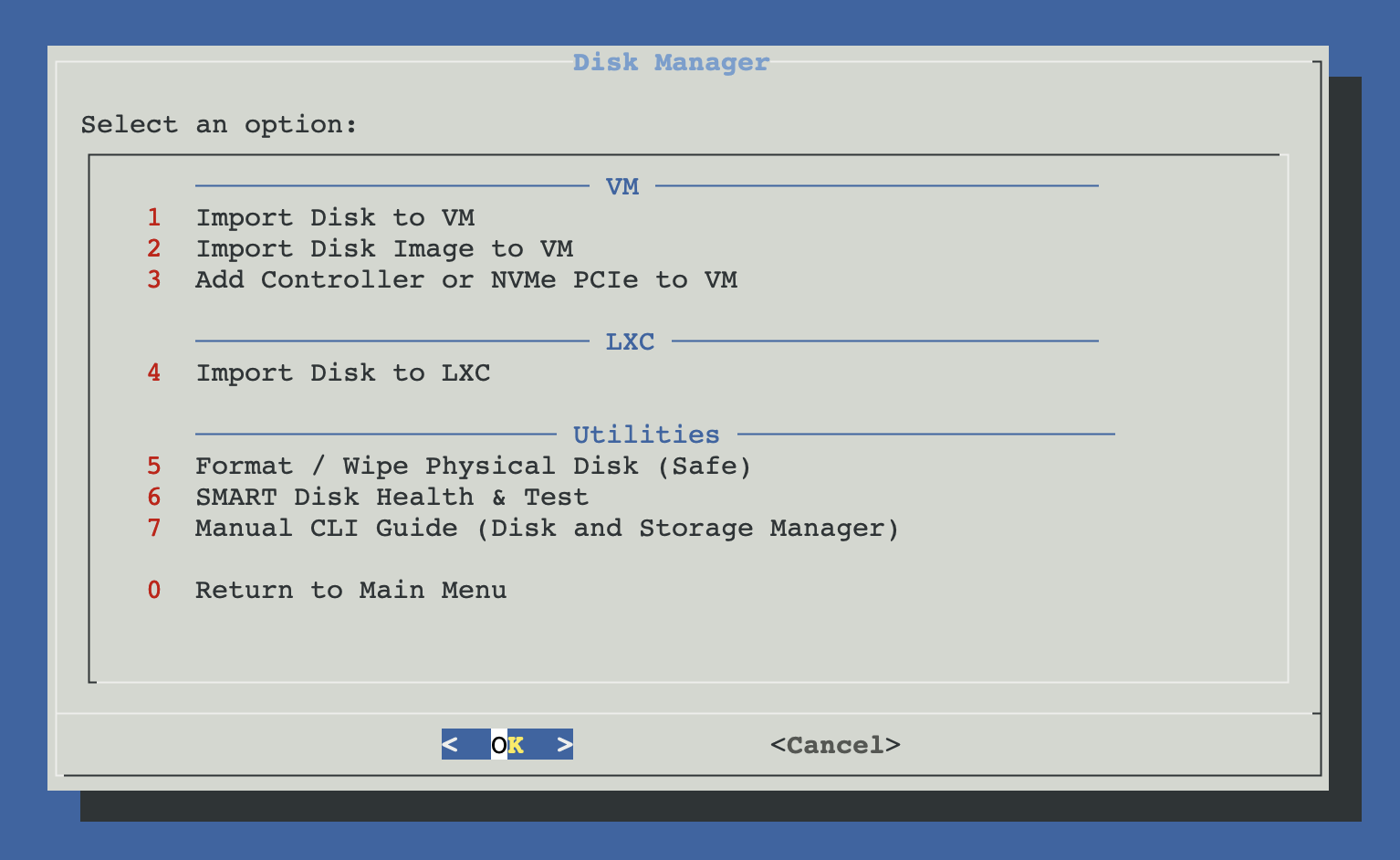 Disk Manager menu with VM, LXC and Utilities blocks