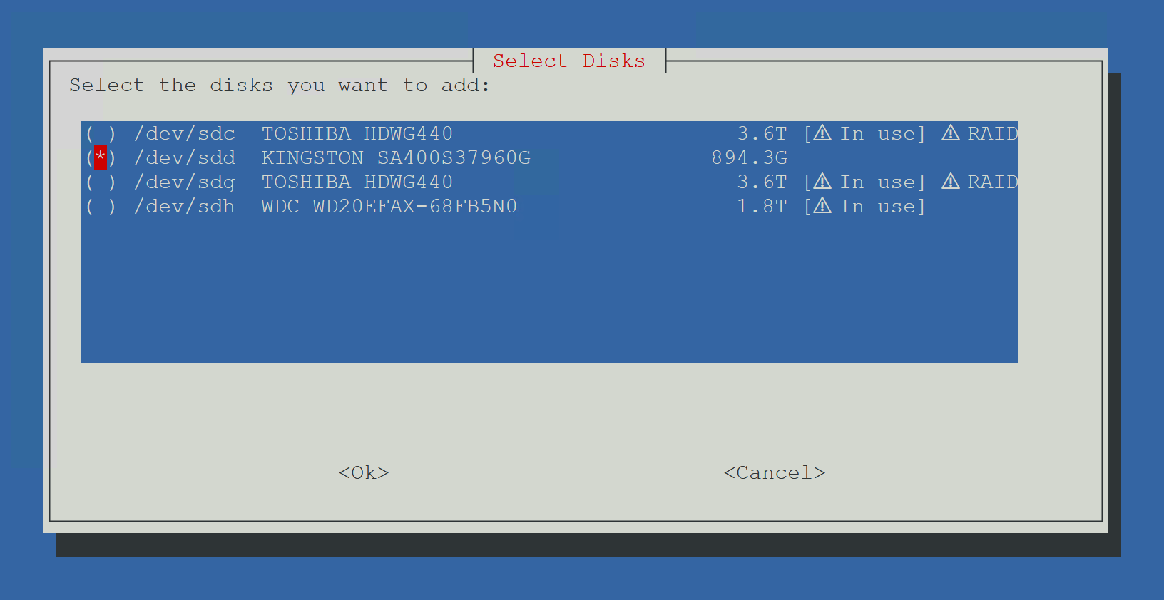 Free disks detected on the host (with ⚠ labels for stale metadata)