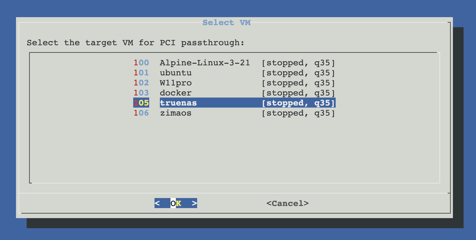 VM selection dialog