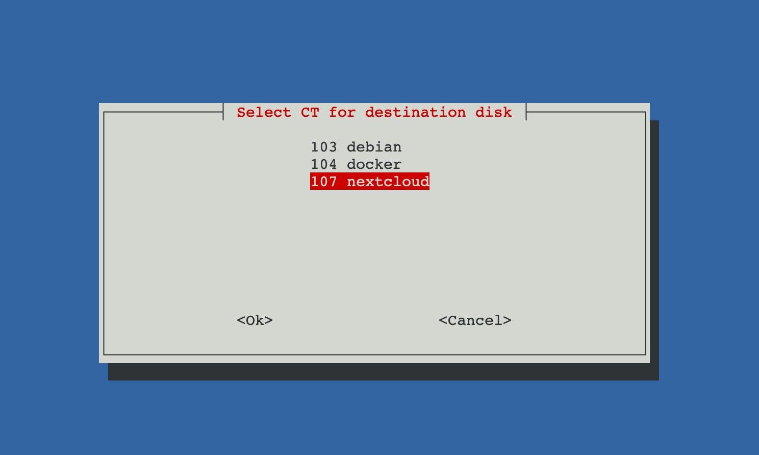 Container selection menu