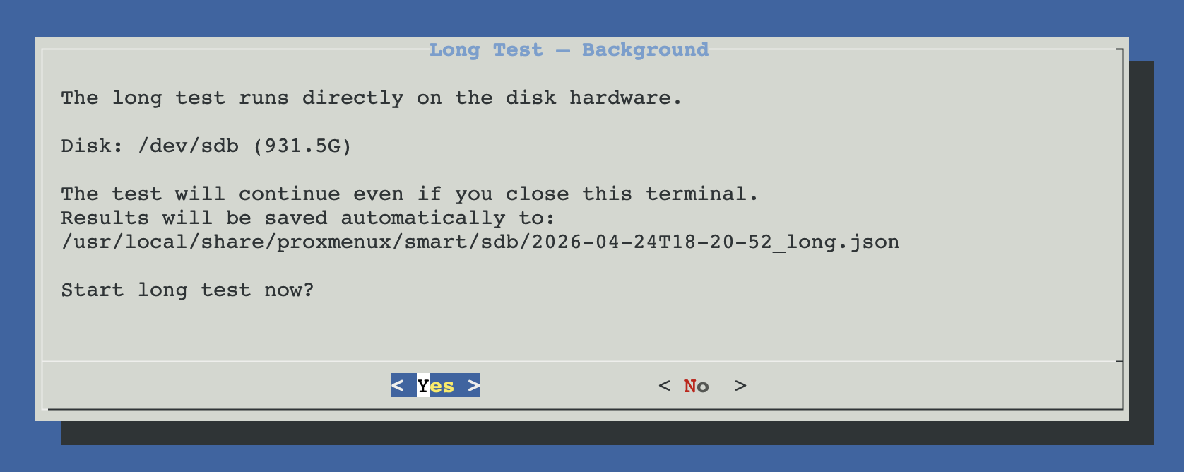 Long test confirmation dialog