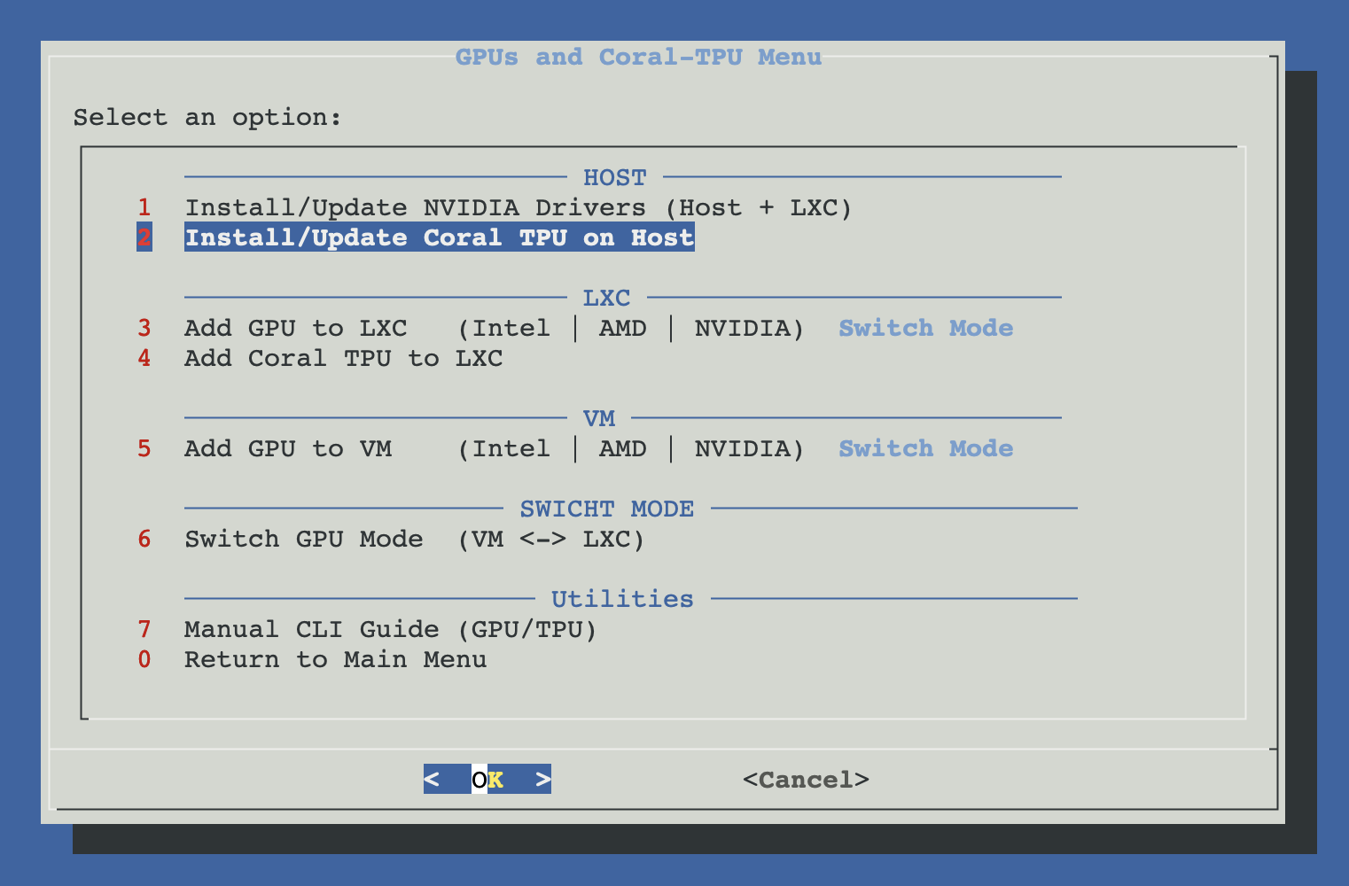 Menu entry for 'Install/Update Coral TPU on Host' inside Hardware: GPUs and Coral-TPU