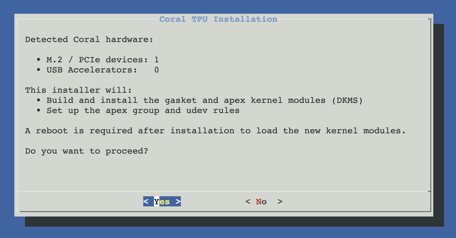 Pre-install dialog showing detected Coral hardware (M.2/PCIe count + USB count) and the list of steps the installer will run
