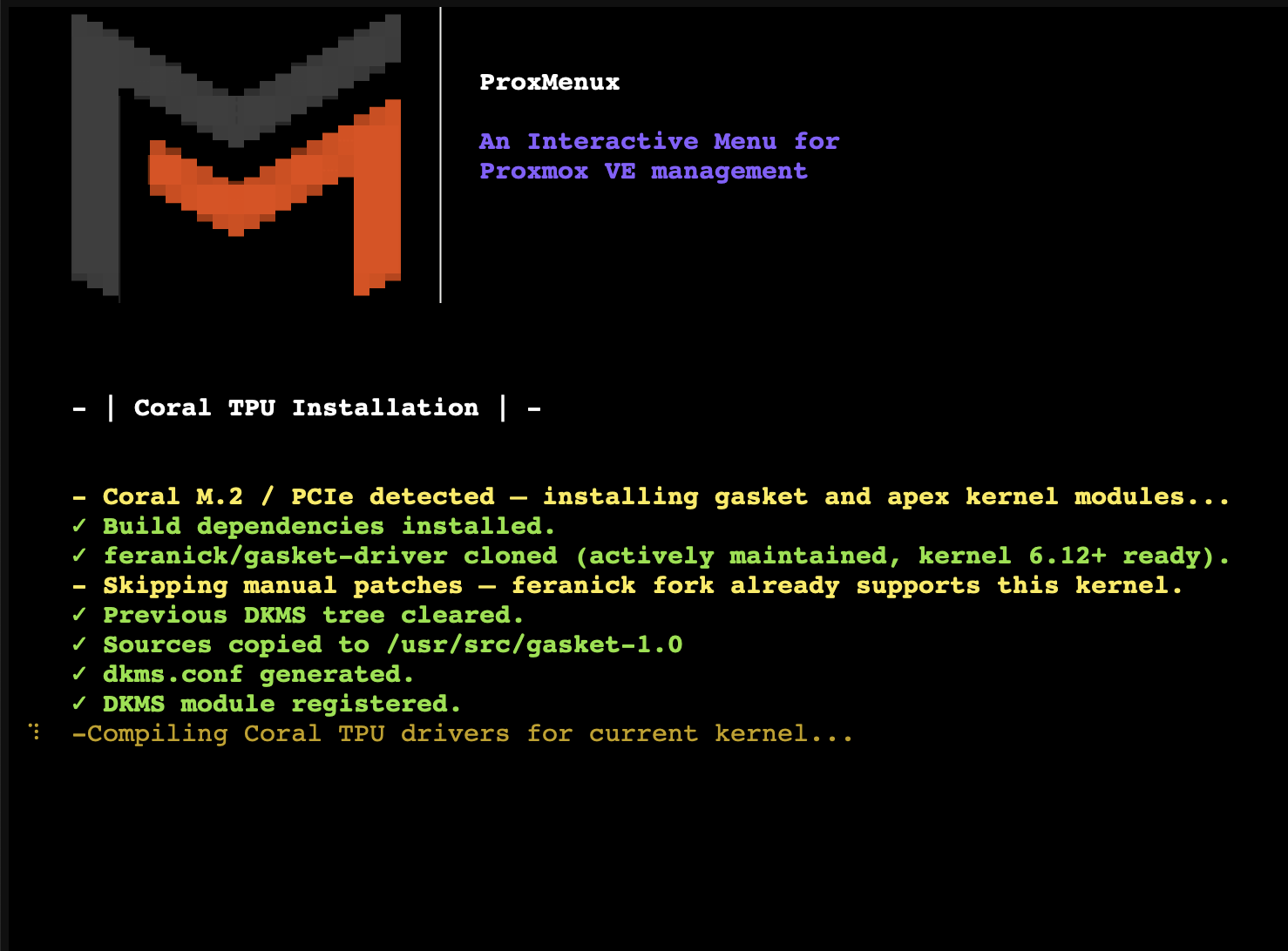 DKMS build progress + module load output for the gasket/apex kernel modules