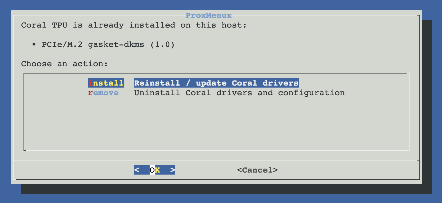 Coral action menu with two choices — Reinstall / update Coral drivers, or Uninstall Coral drivers and configuration — shown when the installer detects a previous Coral install on the host