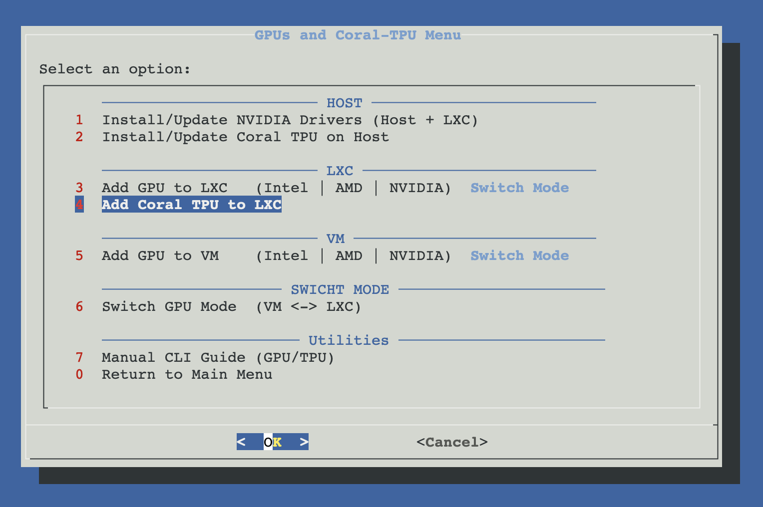 Menu entry for 'Add Coral TPU to LXC' inside Hardware: GPUs and Coral-TPU
