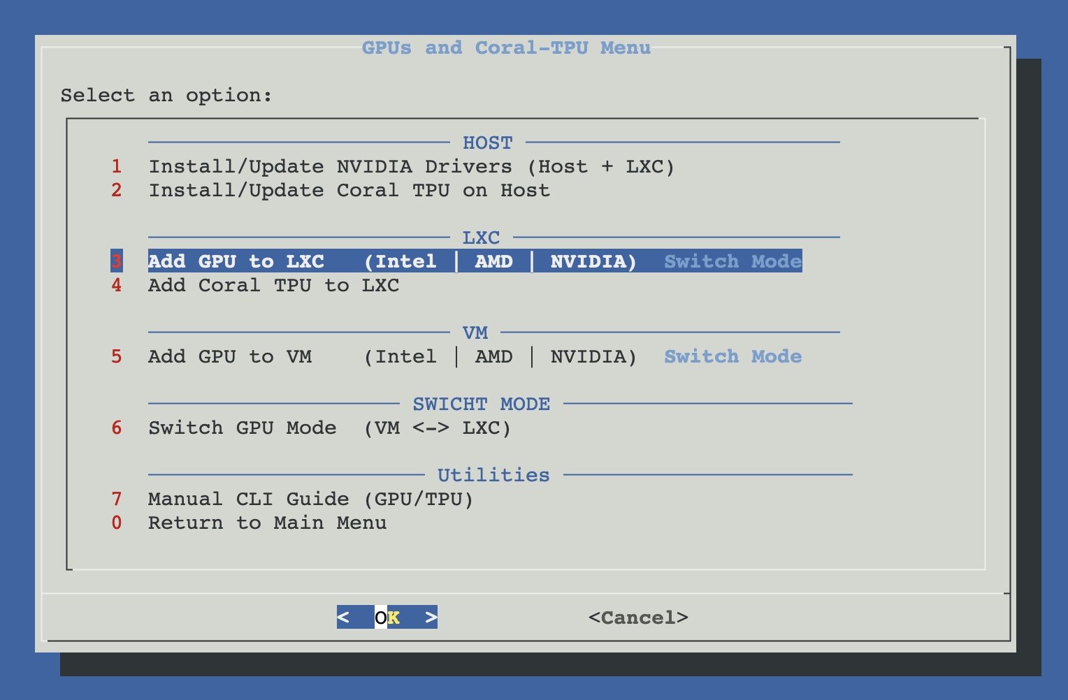 Menu entry for 'Add GPU to LXC' inside Hardware: GPUs and Coral-TPU
