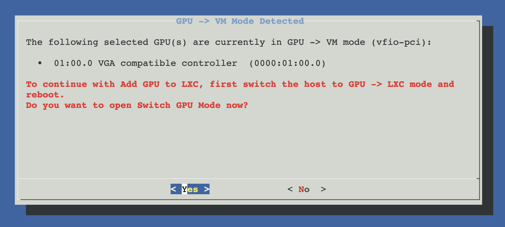 Dialog offering to run Switch GPU Mode when the selected GPU is still bound to vfio-pci for VM passthrough