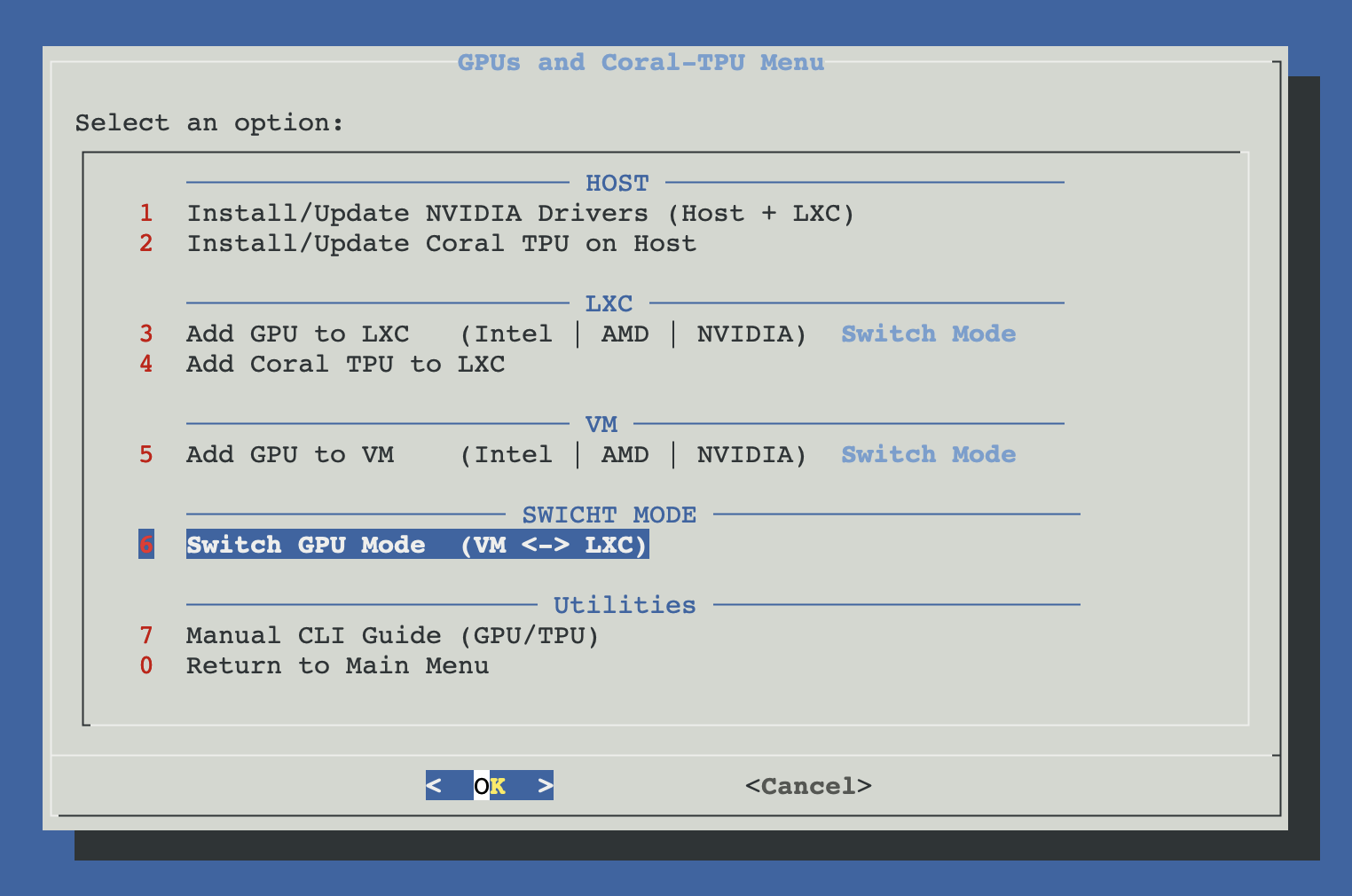 Menu entry for 'Switch GPU Mode (VM ↔ LXC)' inside Hardware: GPUs and Coral-TPU