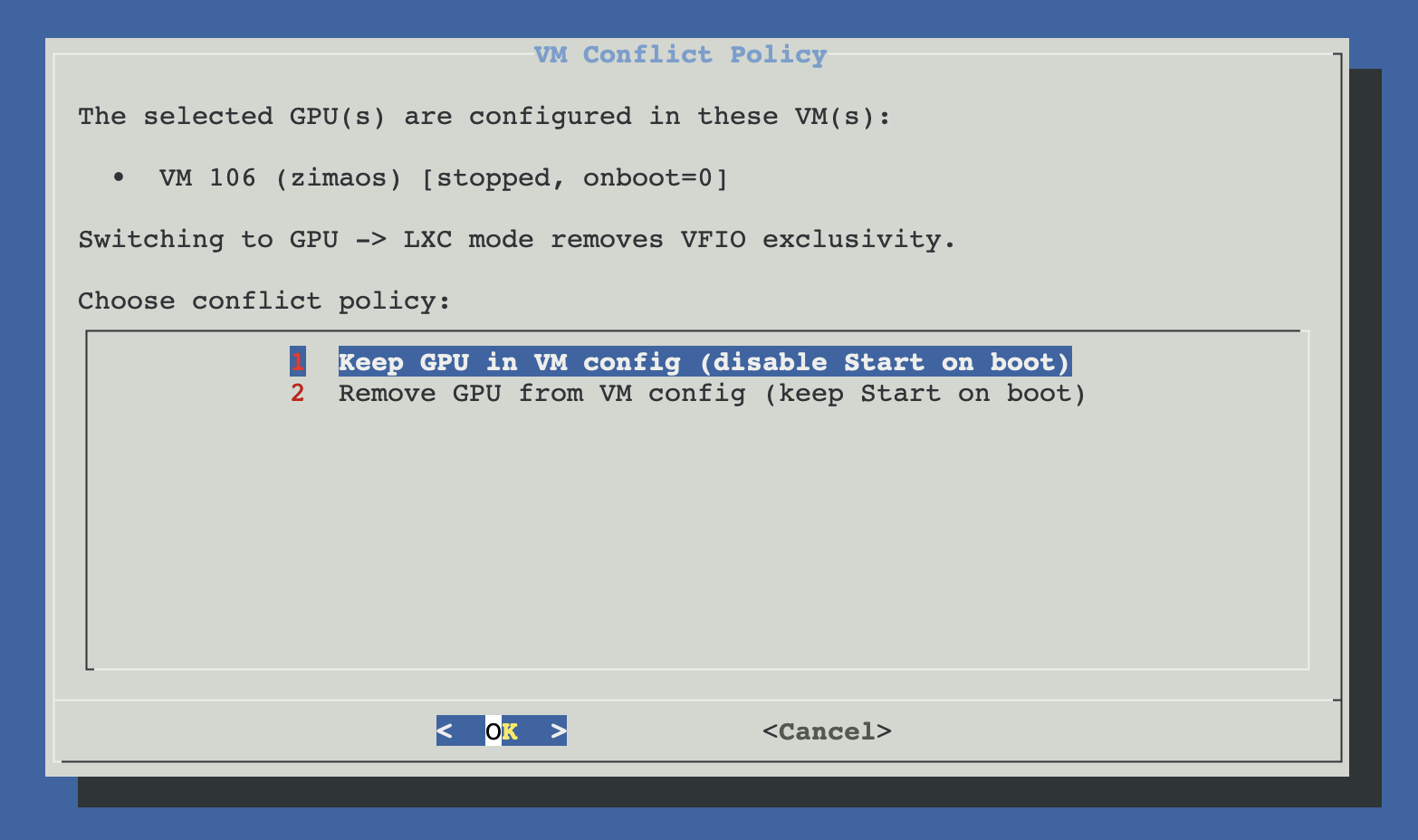 Dialog asking per-VM / per-LXC conflict policy when switching a GPU that's currently assigned