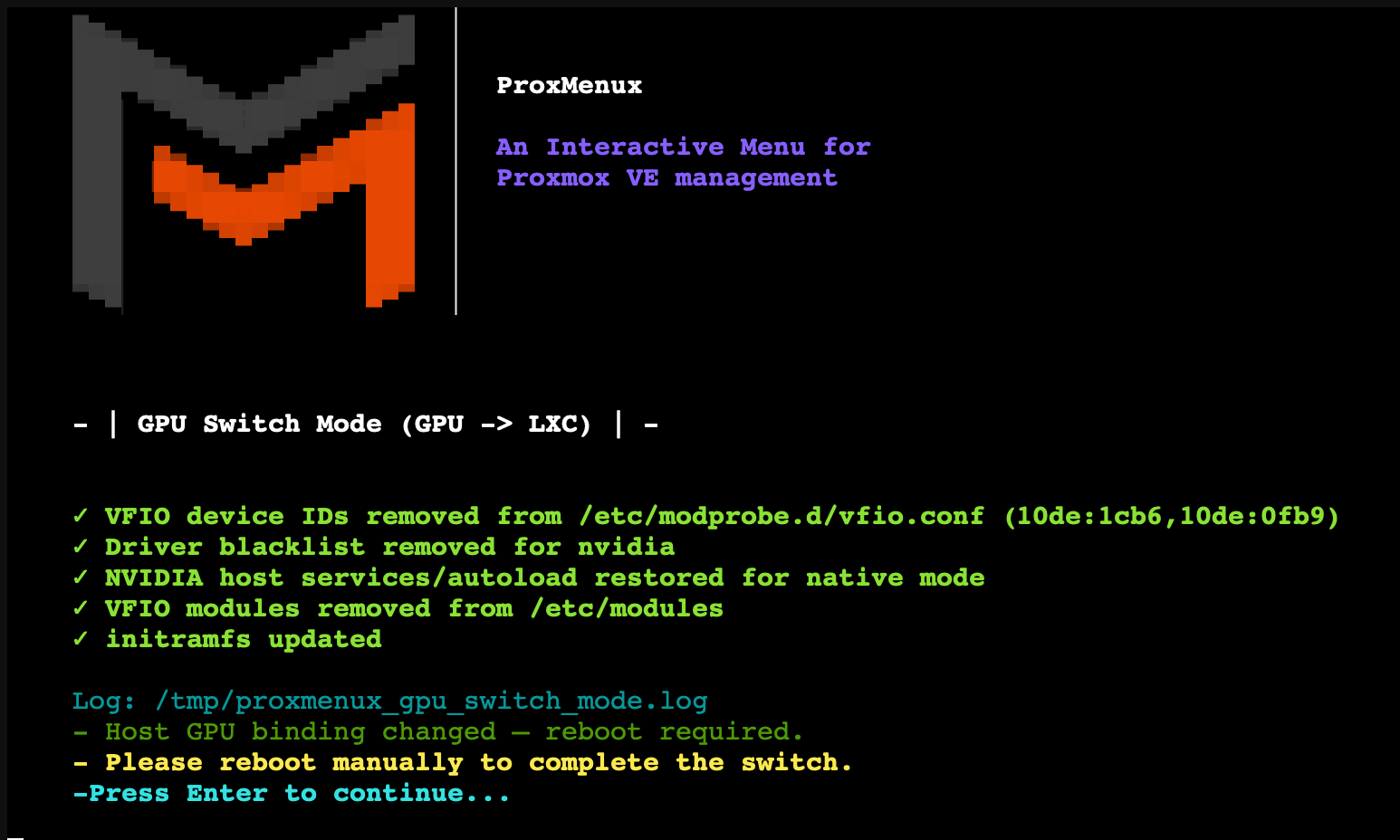 Summary dialog listing what changed, followed by the reboot prompt