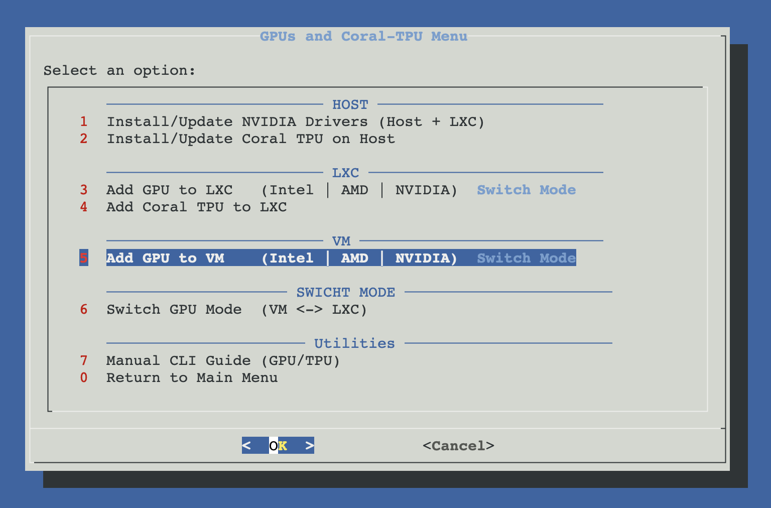 Menu entry for 'Add GPU to VM' inside Hardware: GPUs and Coral-TPU
