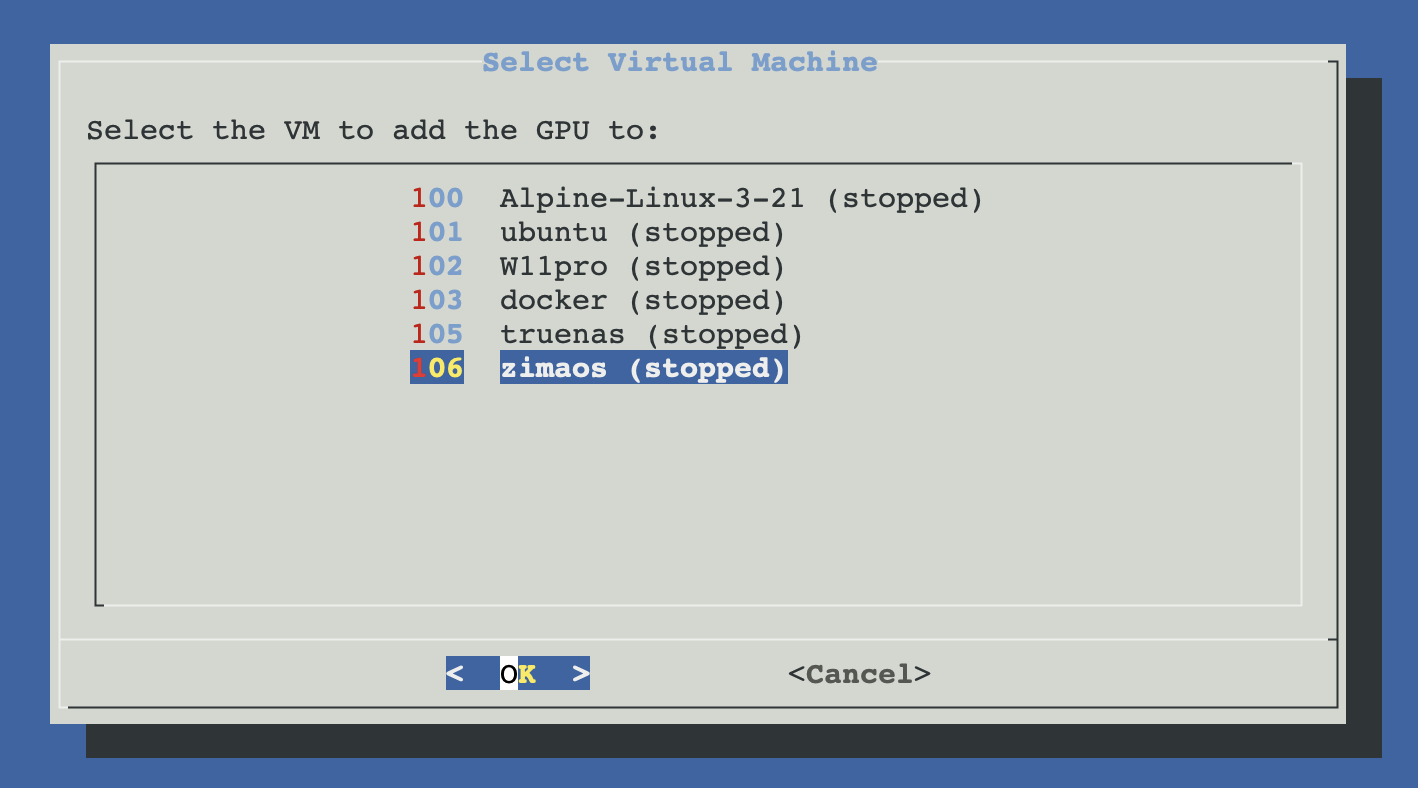VM list with name, ID and status shown as a picker