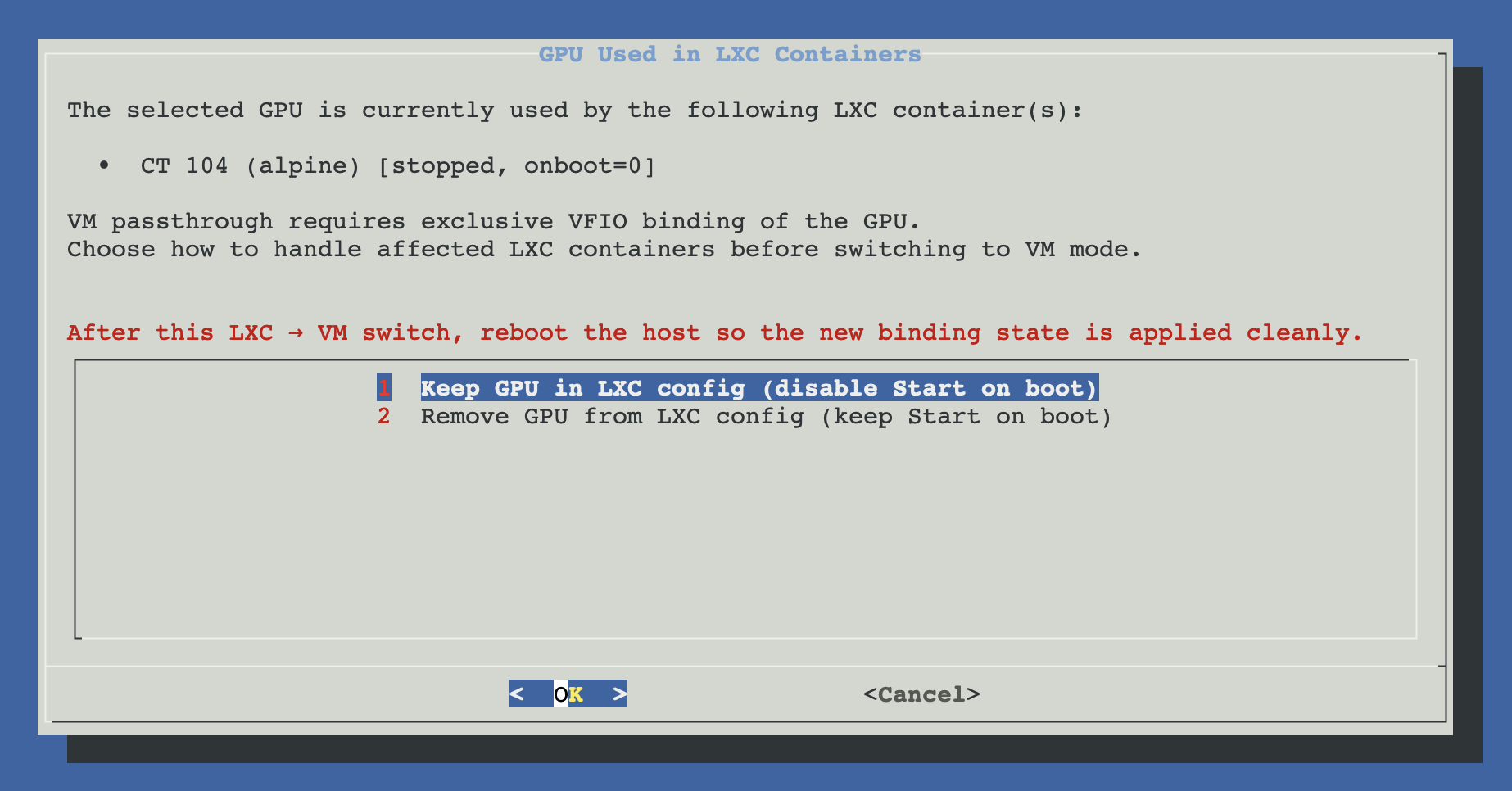 Dialog offering to remove the GPU from an LXC before assigning it to the VM