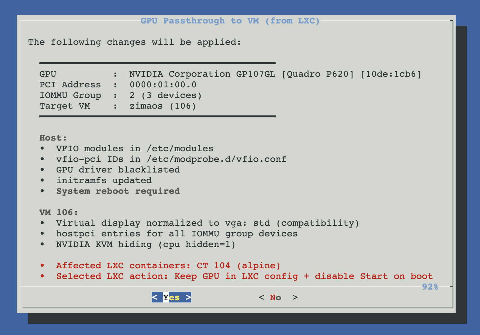 Summary dialog listing host changes (VFIO/blacklist files) and VM config changes (hostpci lines) before applying