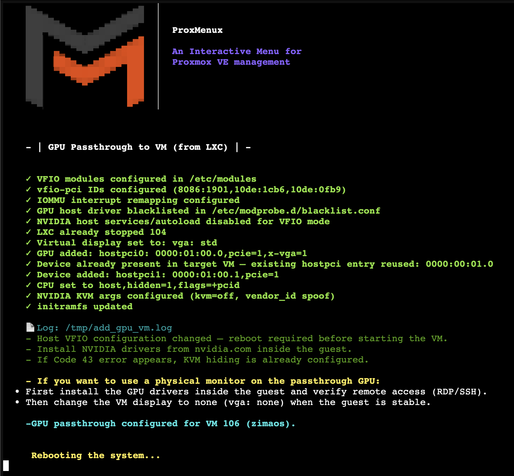 Summary screen showing what was changed, followed by a reboot prompt