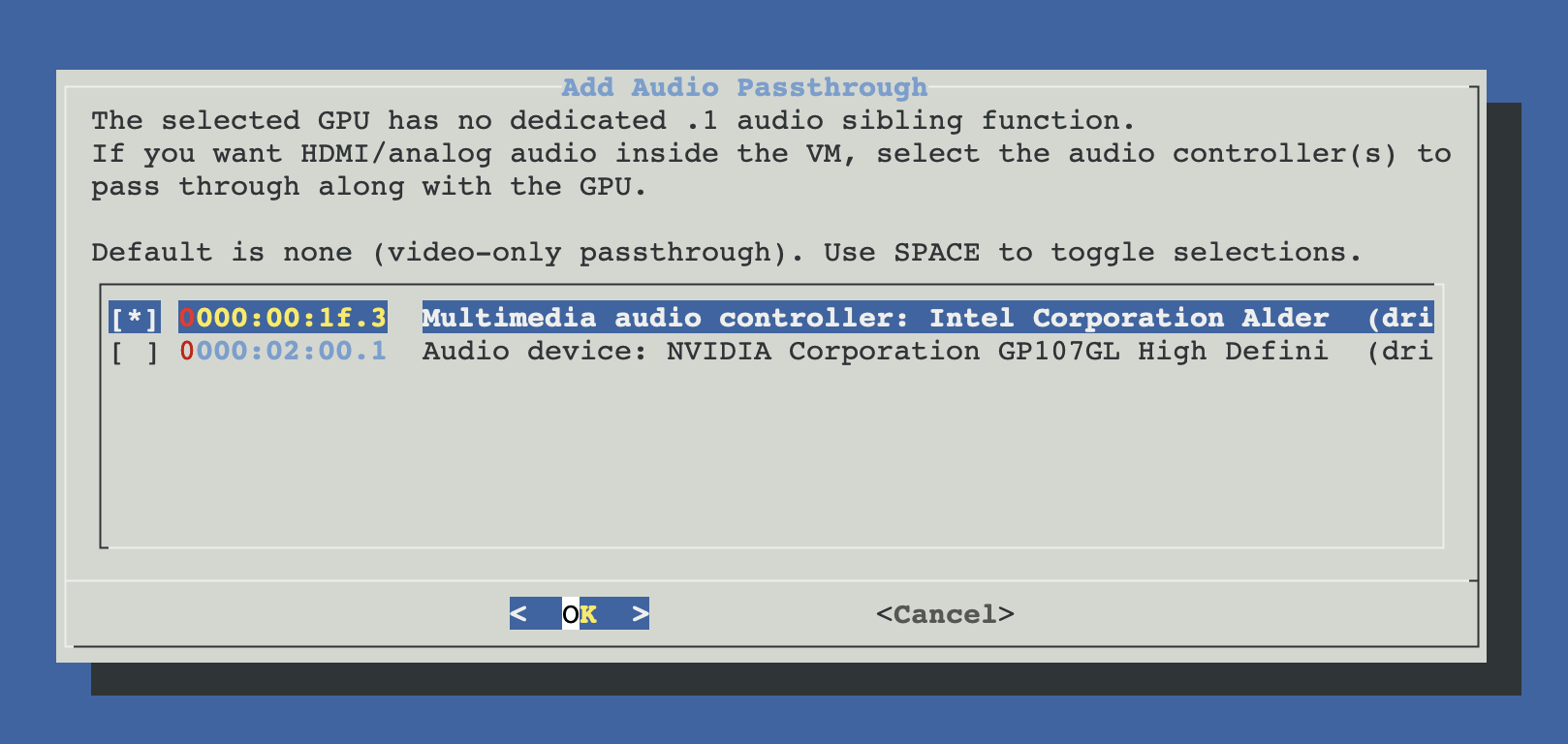 Checklist dialog with every host PCI audio controller (BDF + driver) when the GPU has no .1 sibling audio