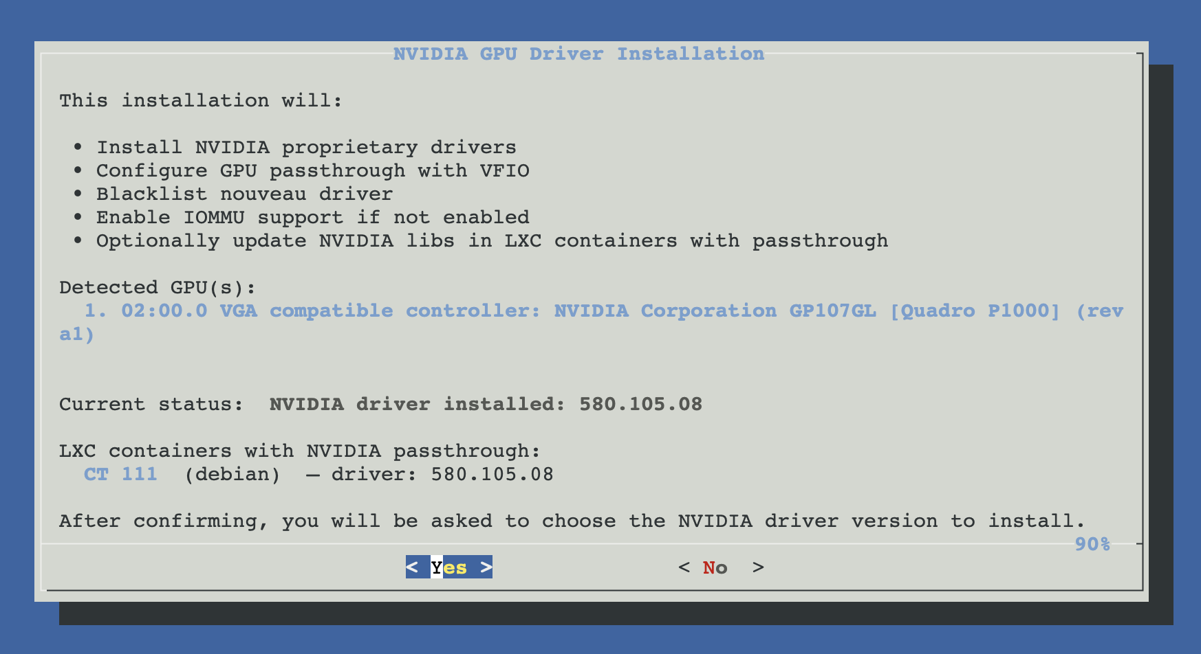 Pre-install overview showing detected GPUs, current driver status and LXC containers with NVIDIA passthrough