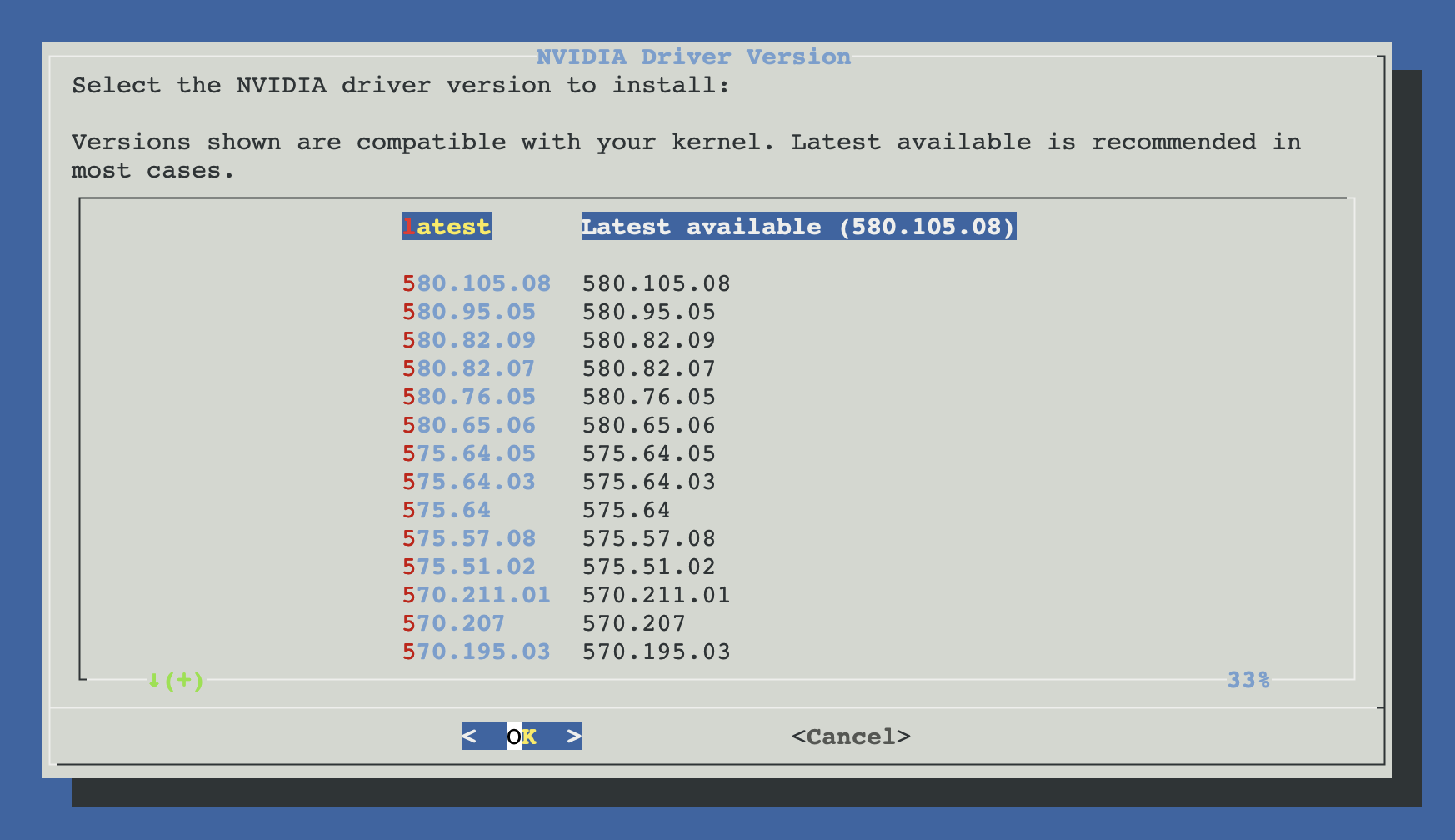 Driver version selector with kernel-compatible versions, Latest available on top