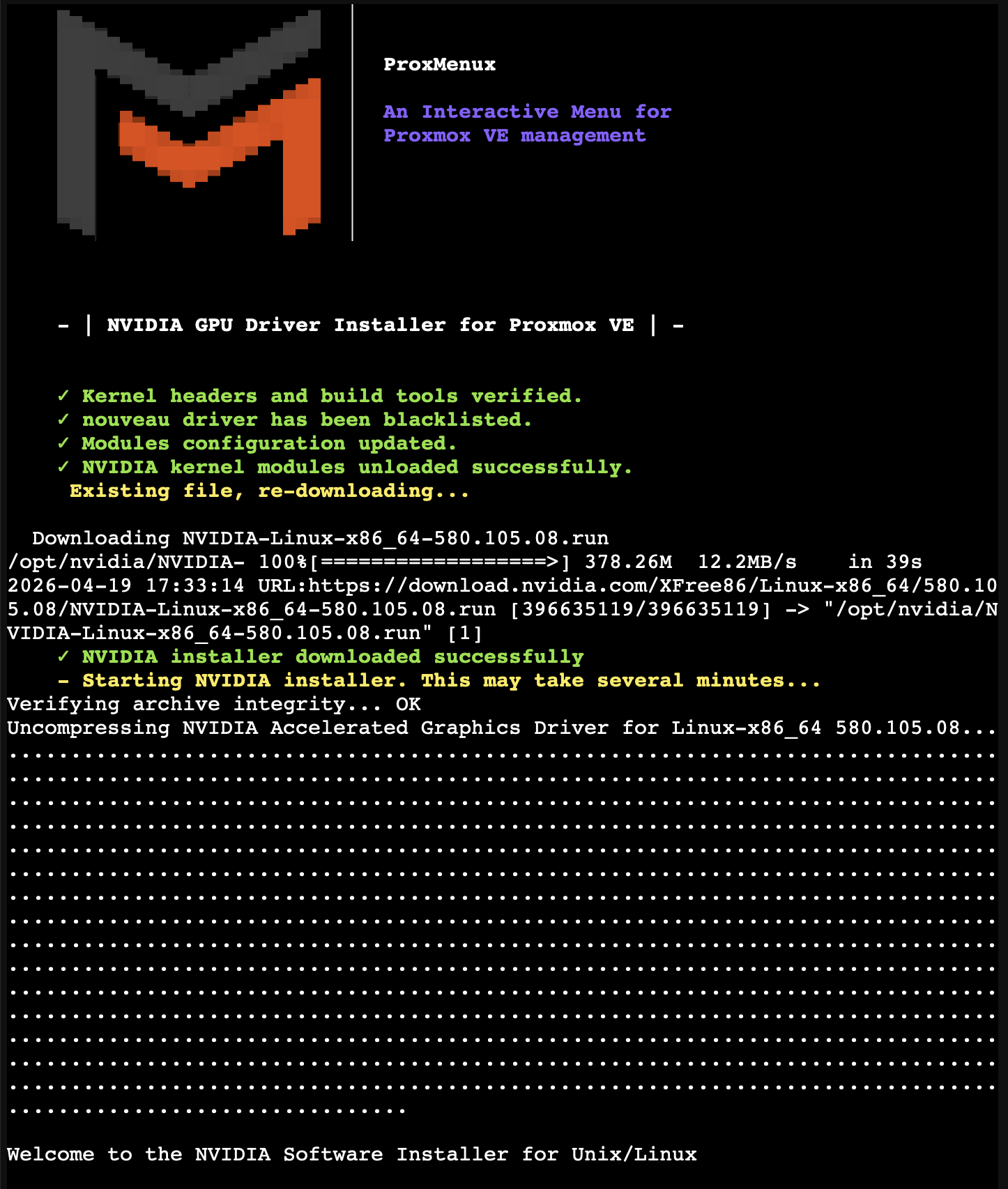 Download progress followed by the NVIDIA installer running its DKMS build