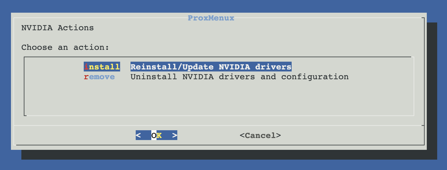 NVIDIA action menu offered when a driver is already installed — two choices: Reinstall / update driver, or Uninstall the NVIDIA driver completely