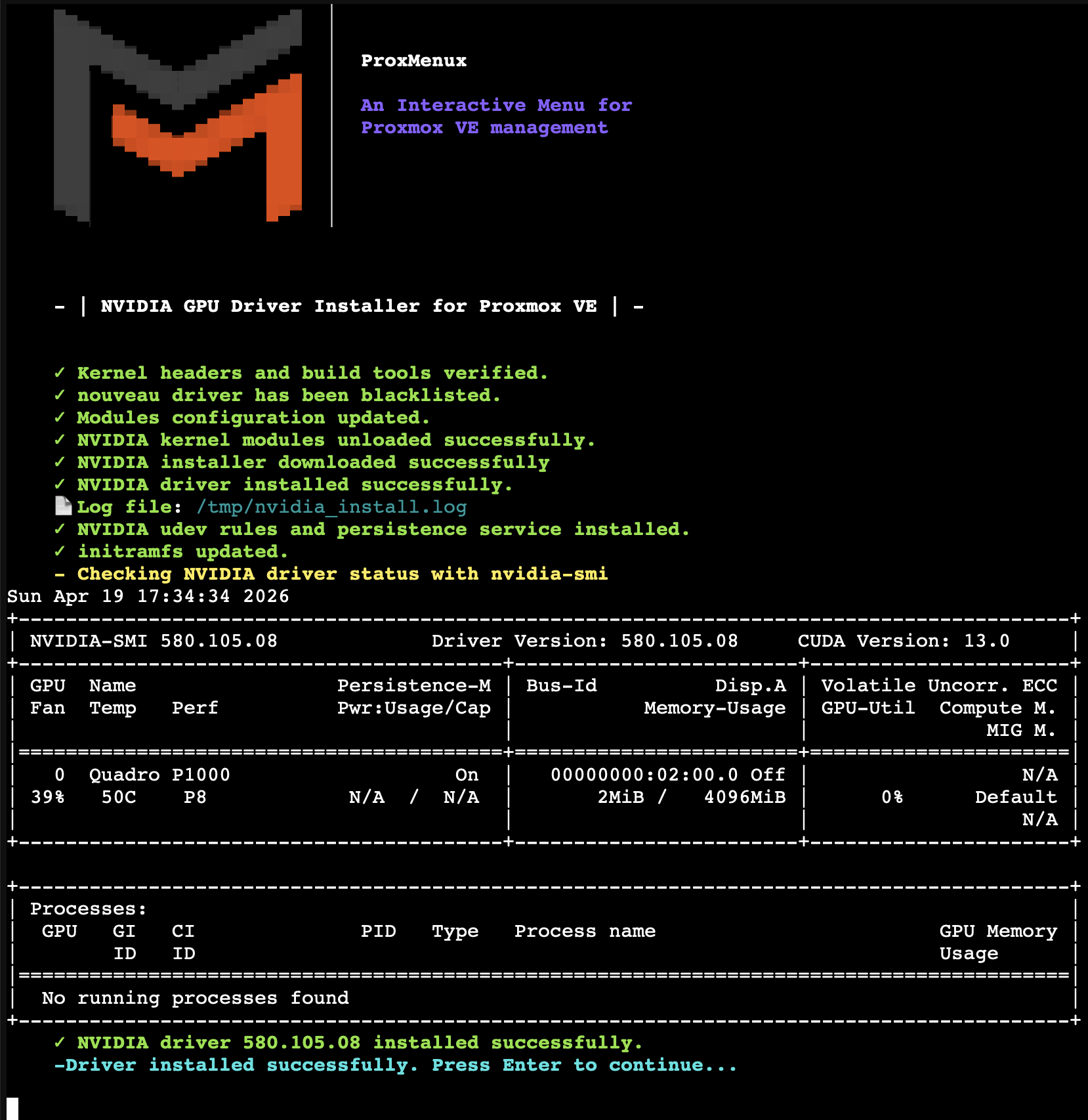 Output of nvidia-smi on the host showing the detected GPU and installed driver version