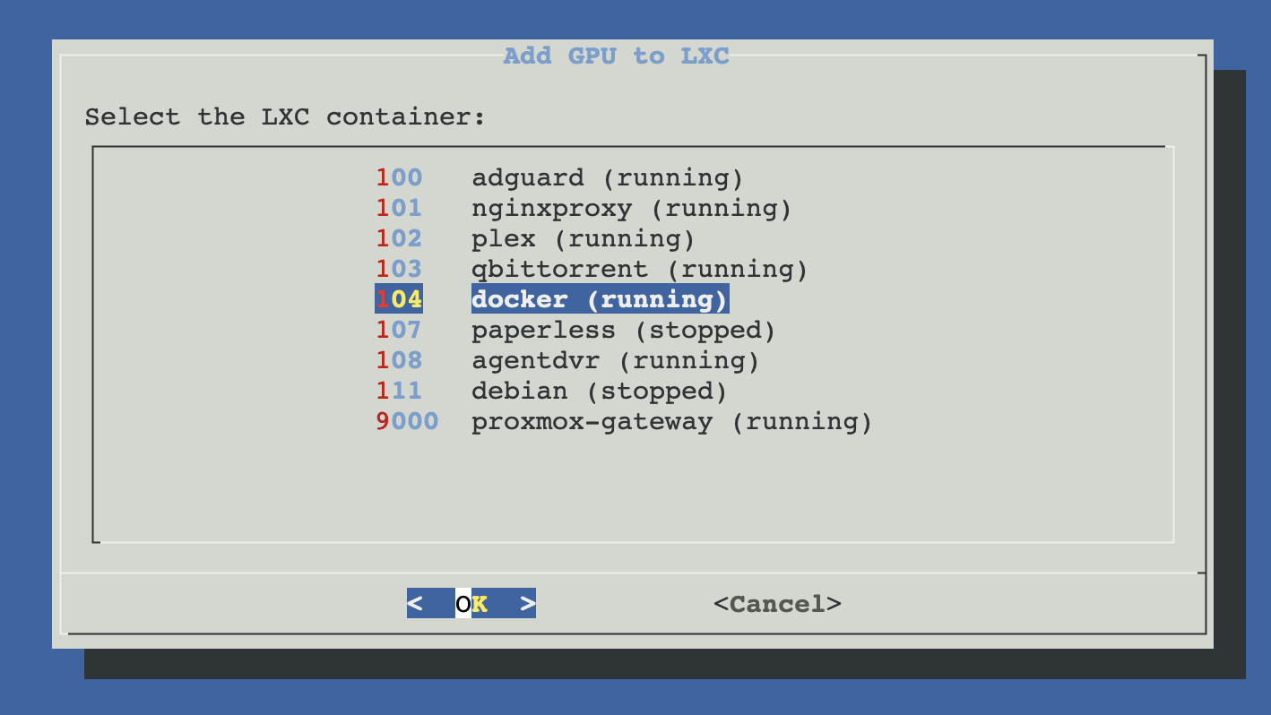Dialog listing existing LXC containers to choose from