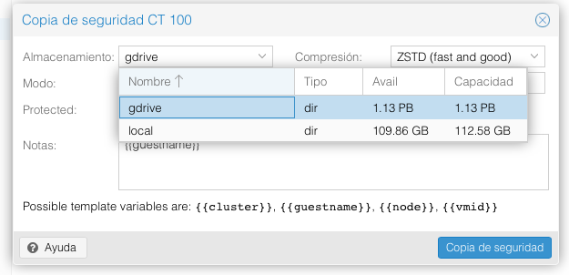 Selecting backup destination in Proxmox