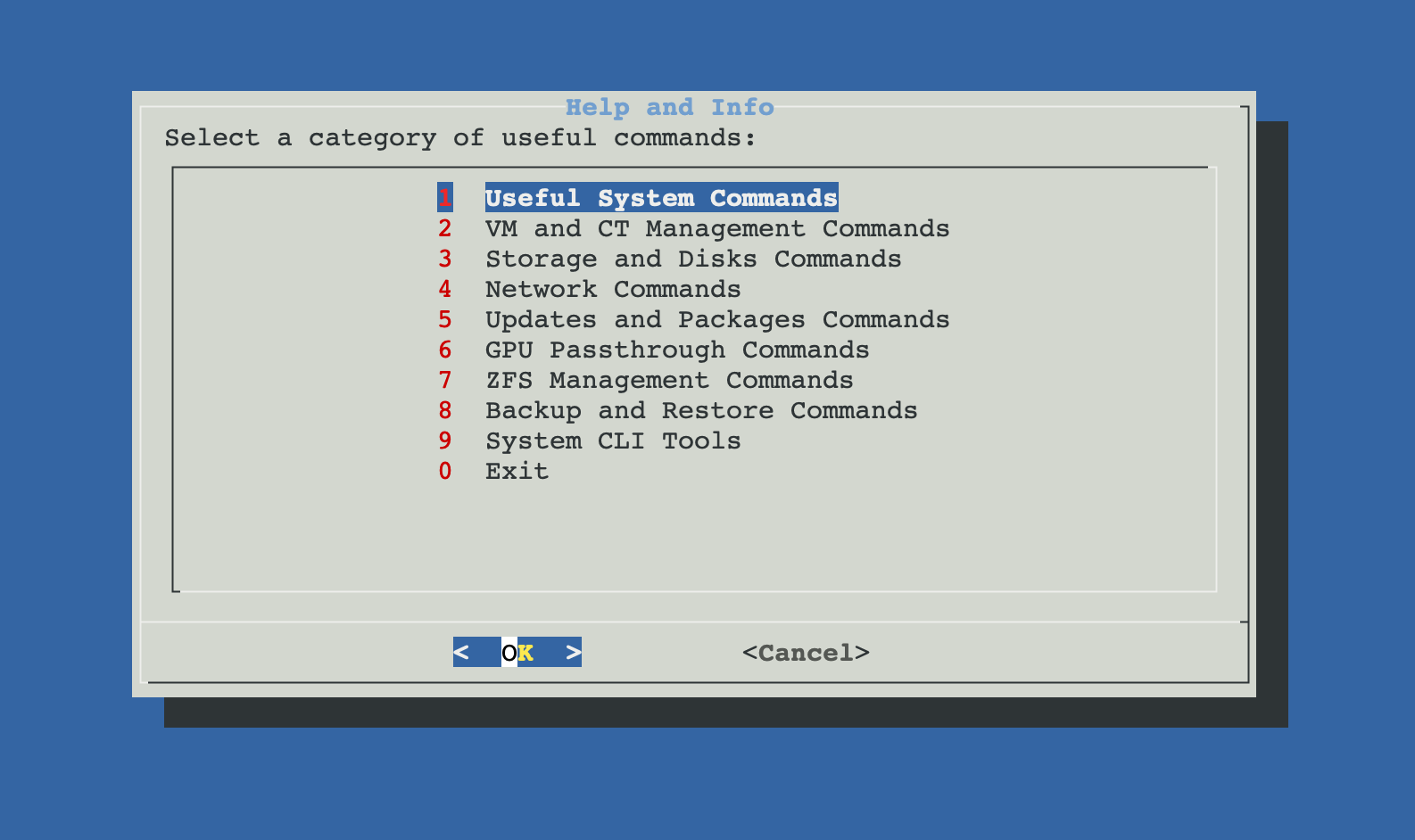 Help and Info menu with 9 categories of commands