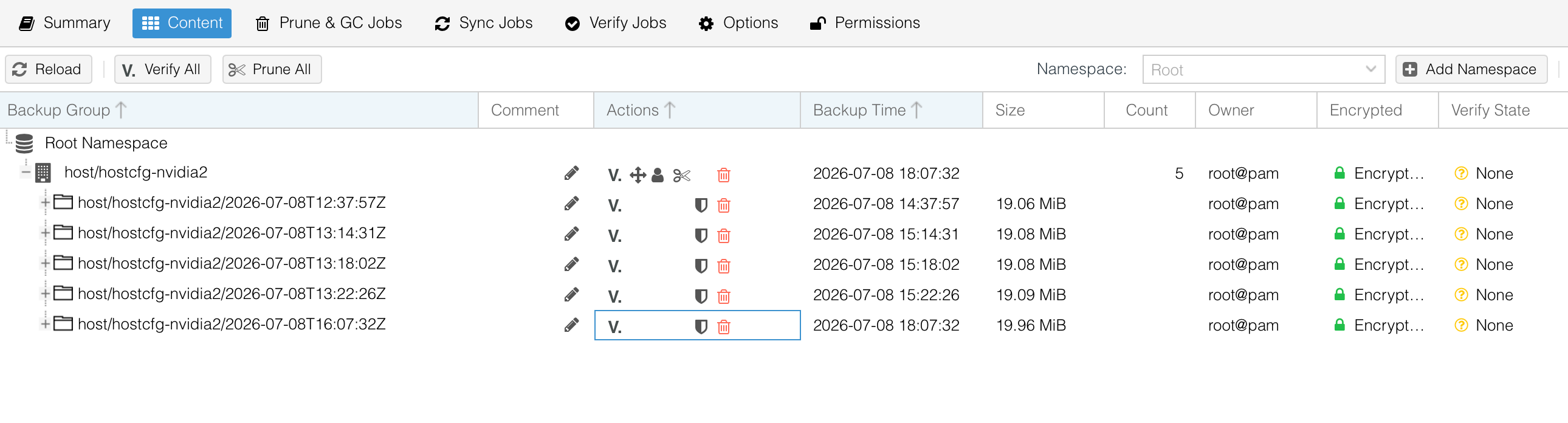 PBS UI showing the hostcfg-HOSTNAME and hostcfg-HOSTNAME-keyrecovery backup groups adjacent in the datastore listing.