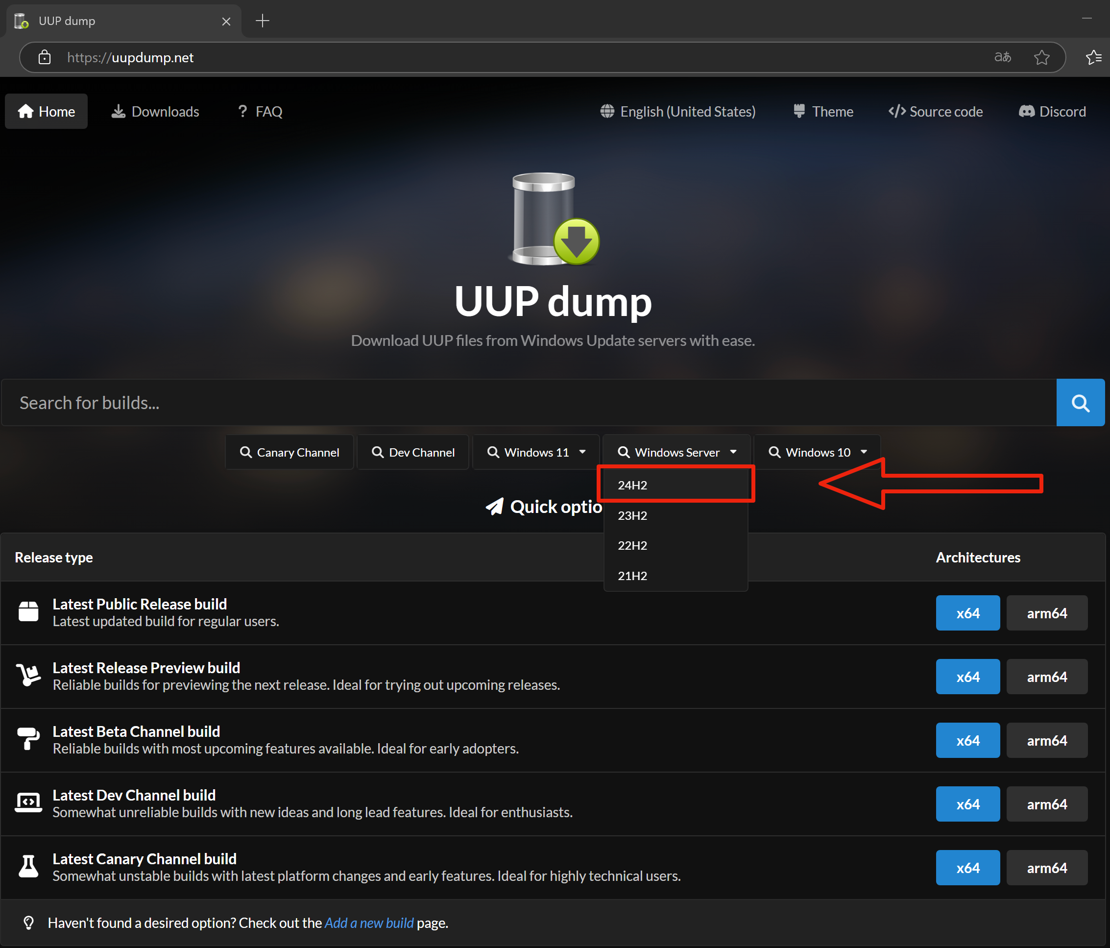 UUP Dump main page — pick a Windows version