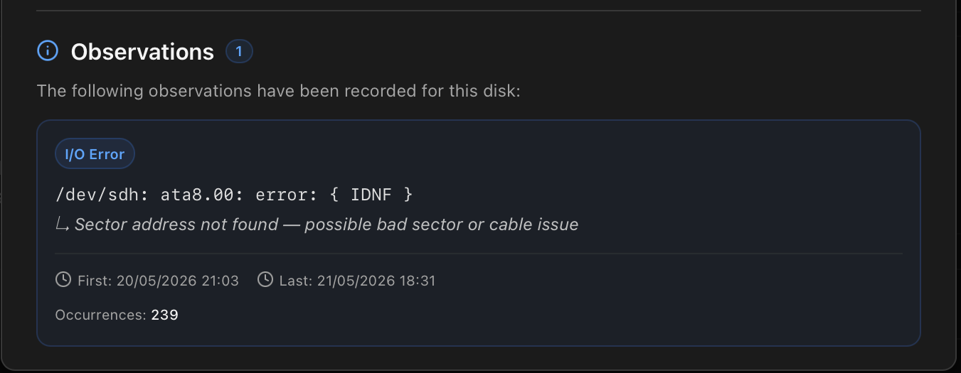 Disk Details modal Overview tab showing a healthy disk with SMART status Passed, 0 reallocated/pending/CRC errors, and an Observations section listing one recorded I/O Error event with the raw kernel message, a human translation of the ATA error code, first and last occurrence timestamps and an occurrence count