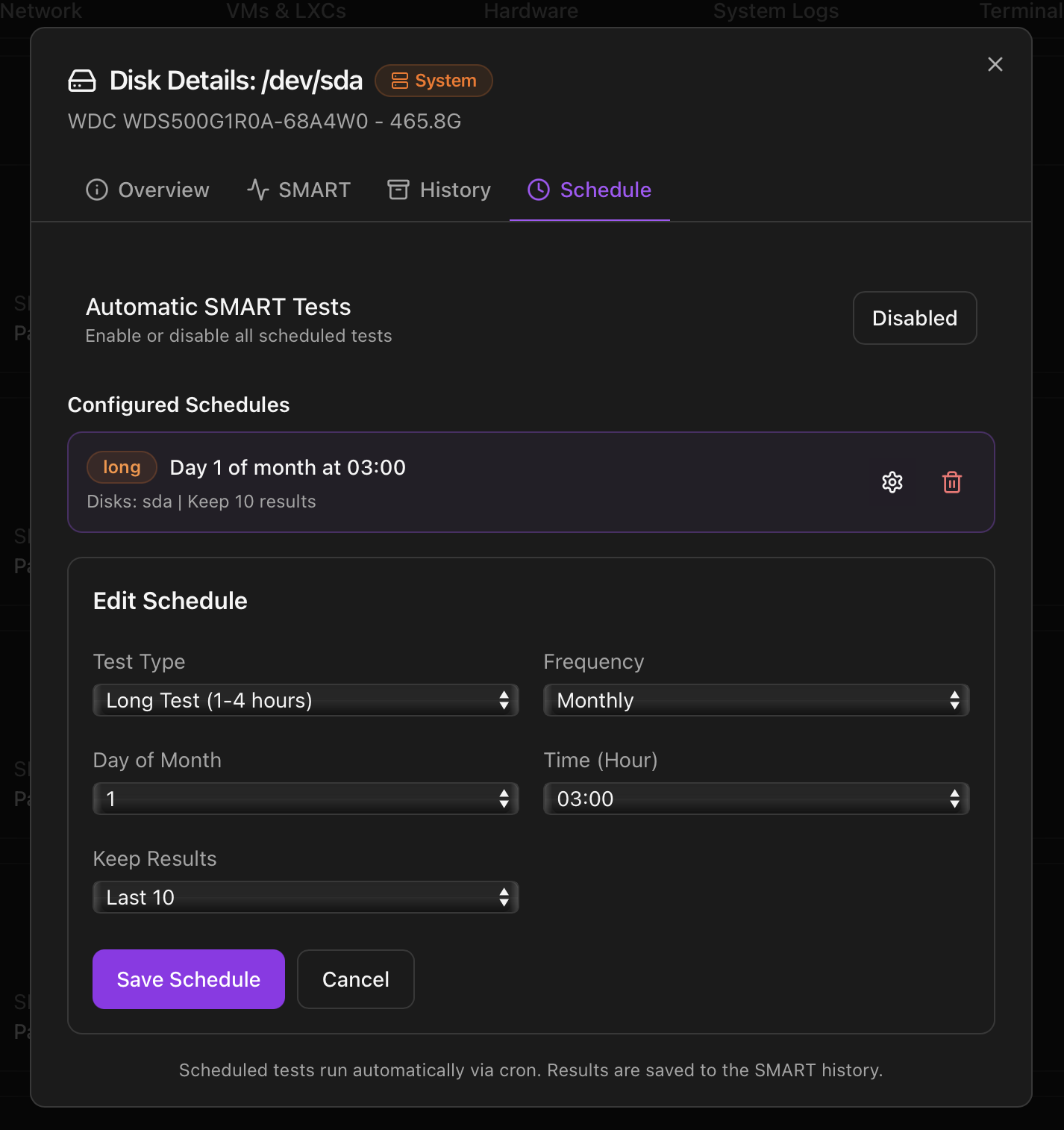 Disk drill-in modal — Schedule tab with the toggle for Automatic SMART Tests, the configured-schedules list and the Add Schedule button