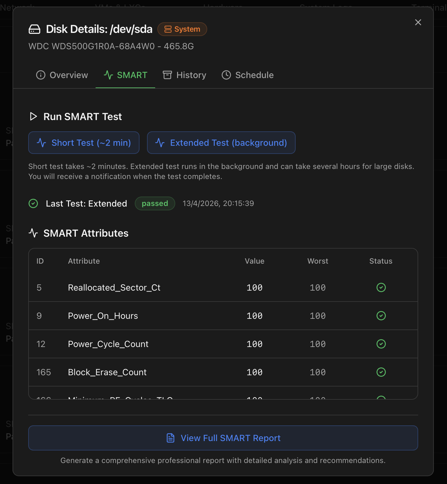 Disk drill-in modal — SMART tab with Run SMART Test buttons (Short / Extended), last-test result and the full SMART attribute table