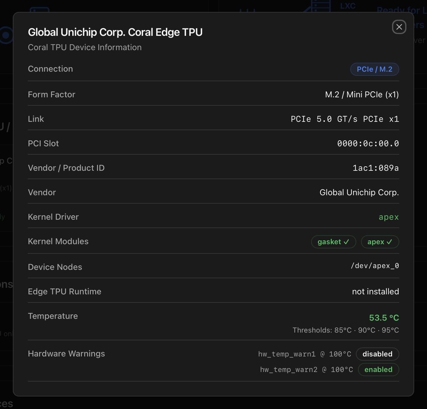 Coral Edge TPU detail modal: PCIe / M.2 connection, PCIe 5.0 GT/s x1 link, vendor 1ac1:089a, kernel driver apex, gasket and apex modules loaded, /dev/apex_0 present, Edge TPU Runtime not installed, temperature 53.5 °C with hardware warning thresholds