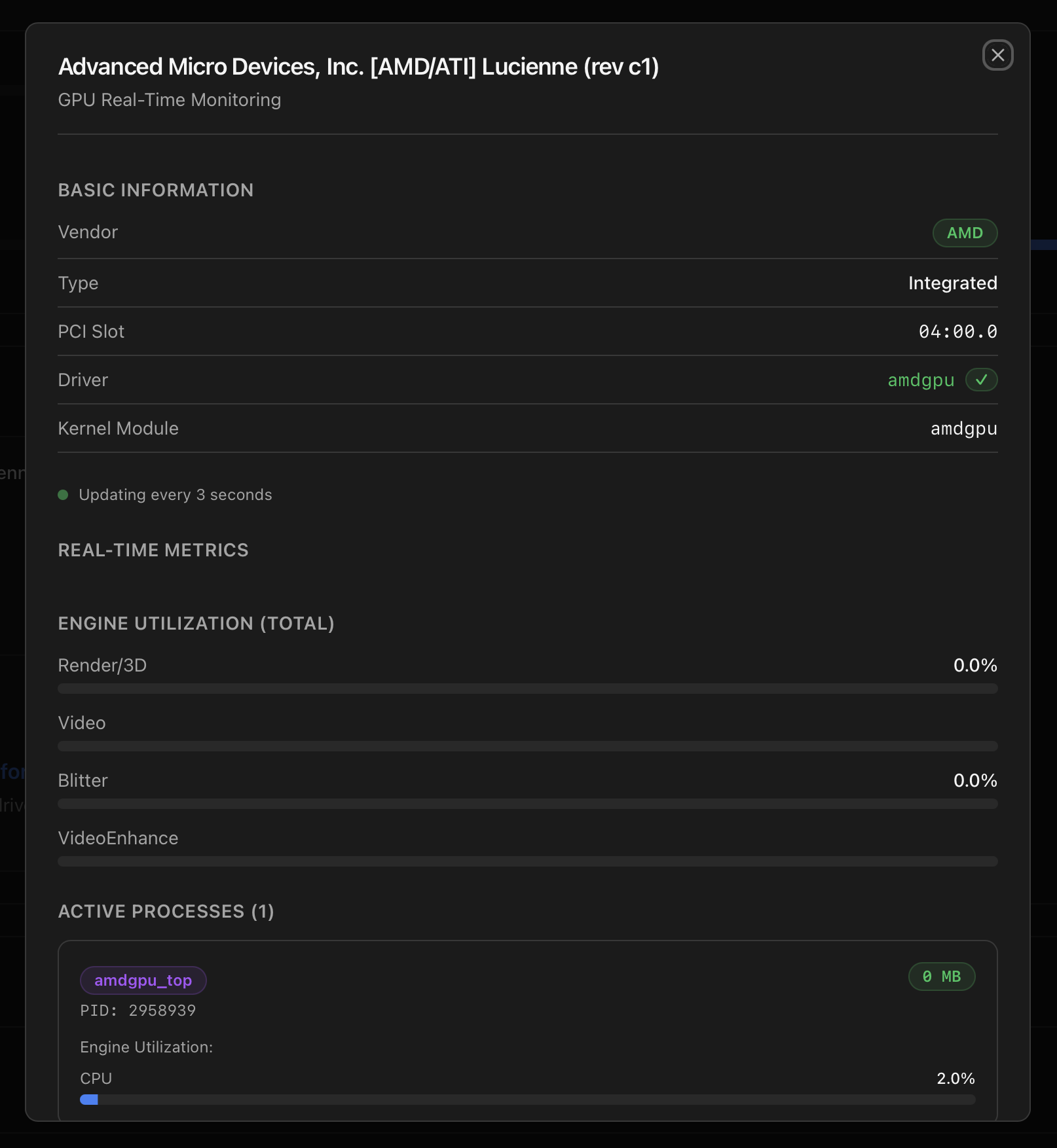 GPU monitoring modal for an AMD Lucienne integrated GPU on amdgpu driver, with engine utilisation bars at 0 % and amdgpu_top listed as an active process