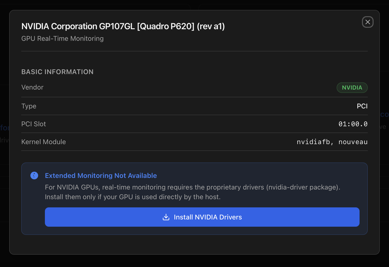 GPU monitoring modal for an NVIDIA Quadro P620 with kernel modules nvidiafb and nouveau loaded, an Extended Monitoring Not Available callout and a blue Install NVIDIA Drivers button
