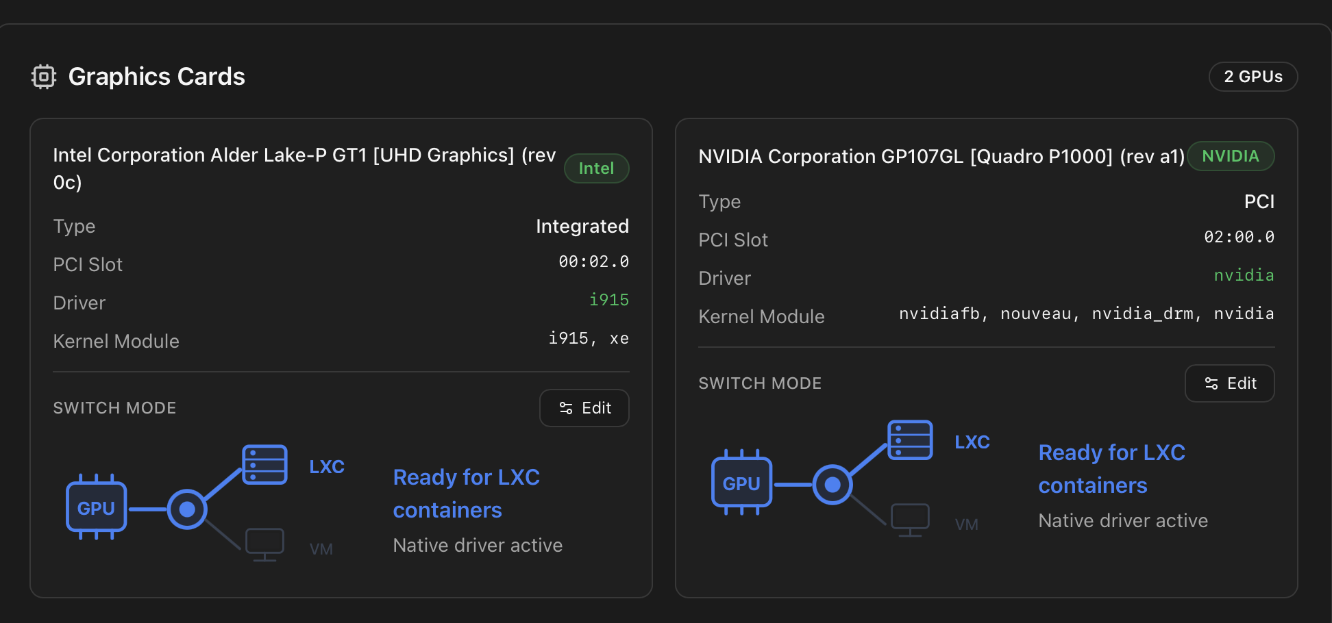 Graphics Cards section showing an Intel UHD Graphics iGPU on i915 and an NVIDIA Quadro P1000 on the nvidia driver, both labelled Ready for LXC containers