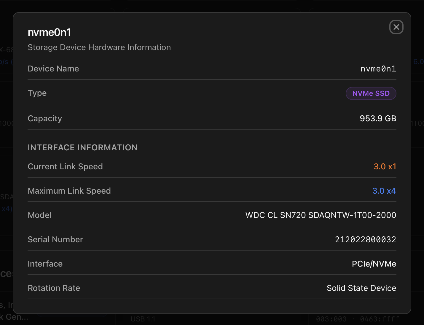 NVMe drive detail modal for nvme0n1: NVMe SSD type, 953.9 GB capacity, current link speed 3.0 x1 highlighted in amber, maximum link speed 3.0 x4, model WDC CL SN720, serial number, PCIe/NVMe interface