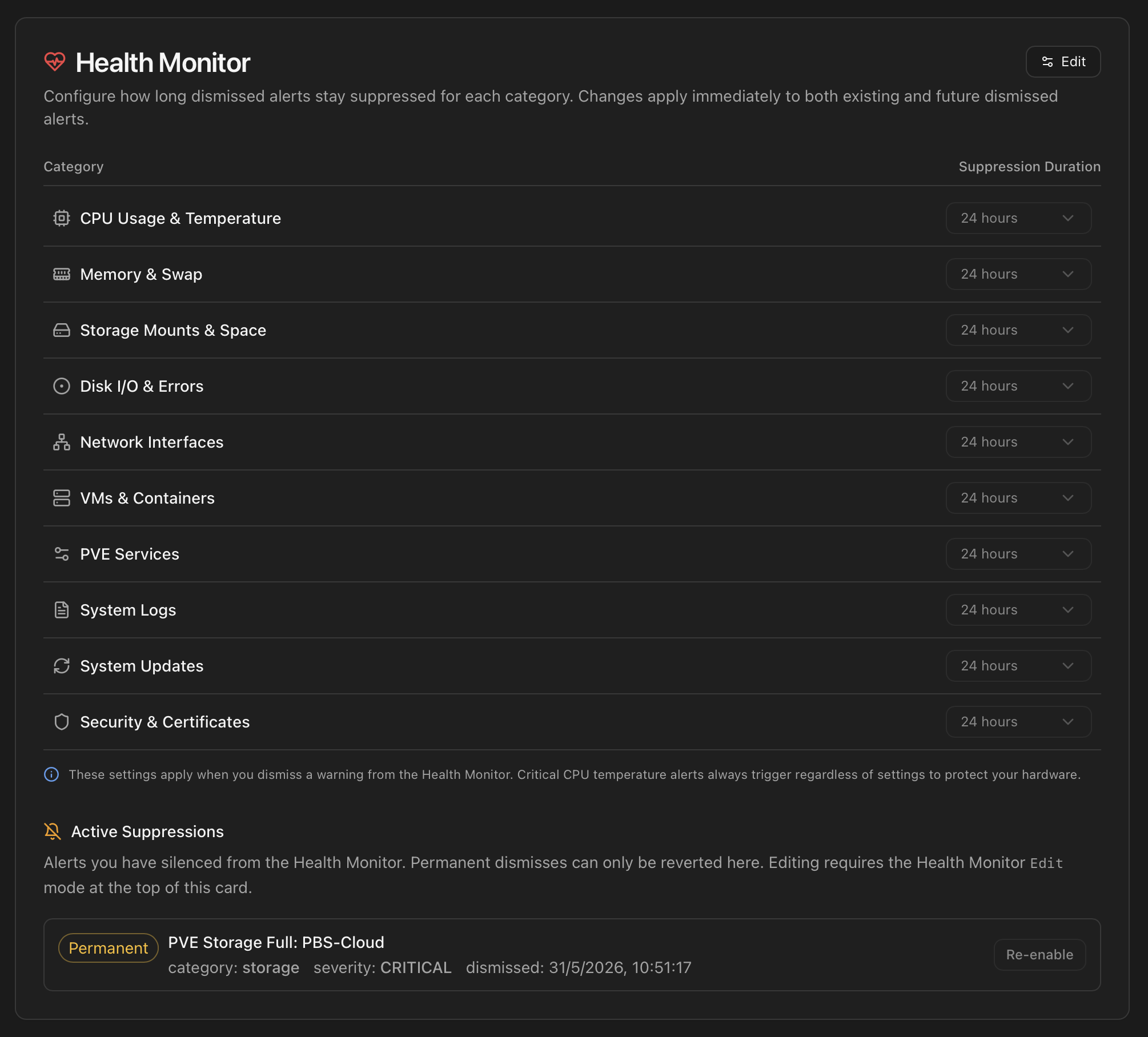 Per-category Suppression Duration settings card in Settings → Health Monitor