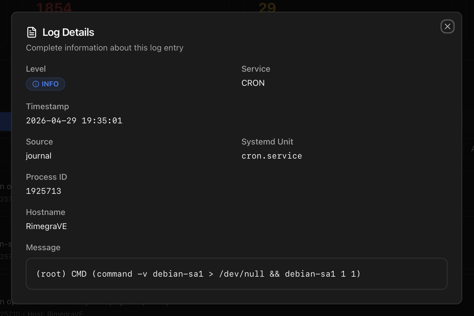 Log Details modal — single journal entry expanded with Level, Service, Timestamp, Source, Systemd Unit, Process ID, Hostname and the full Message
