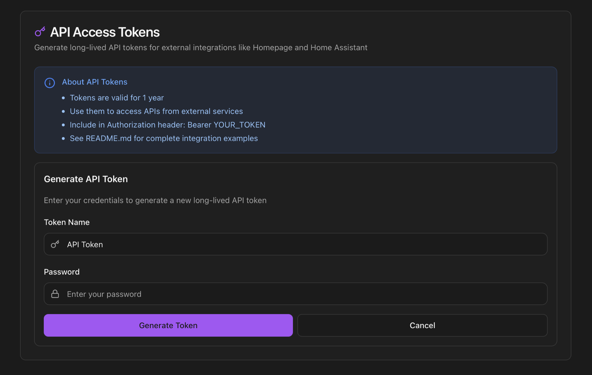 API Access Tokens generate form with Token Name input, Password input, Generate Token and Cancel buttons