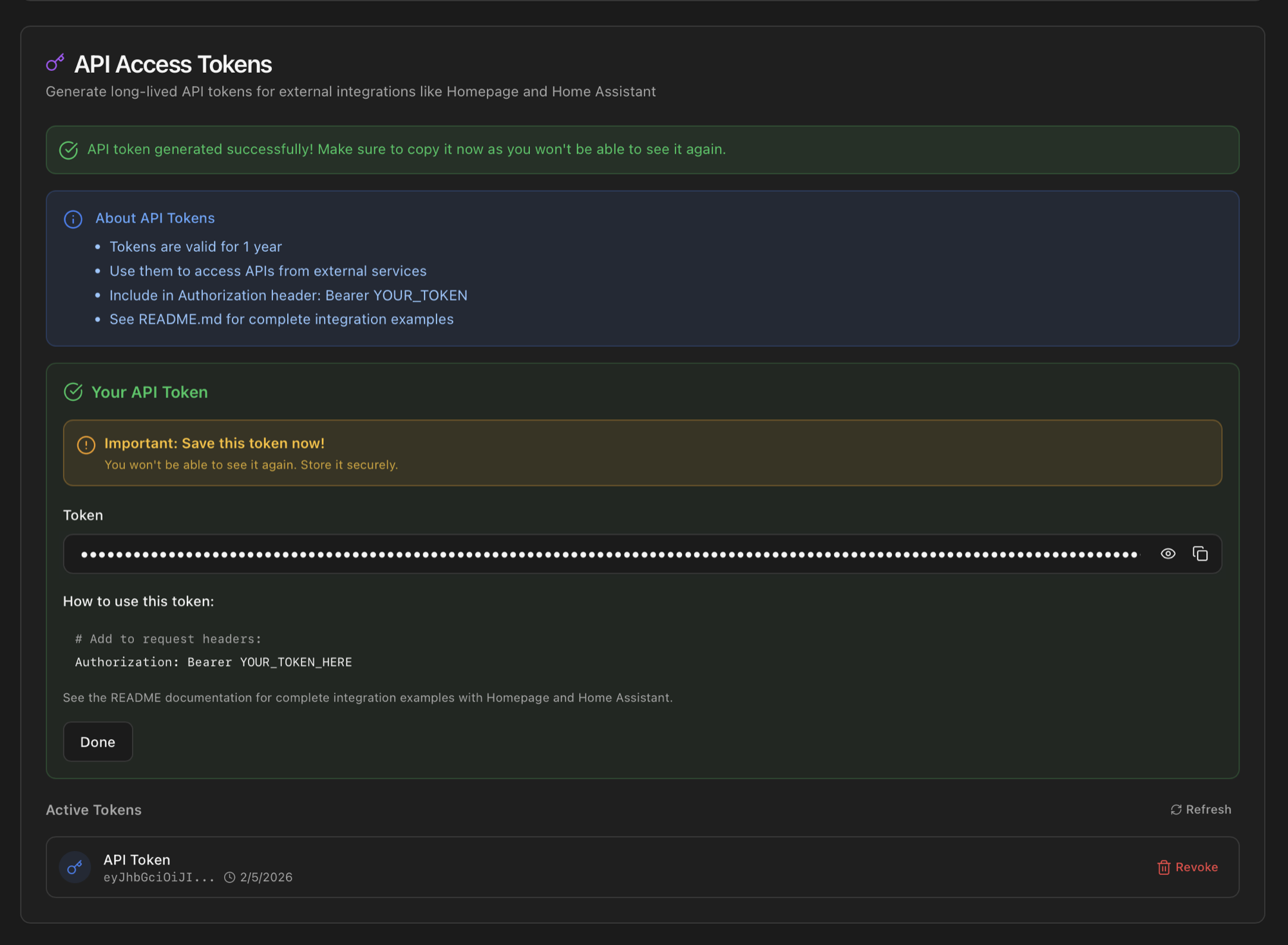 API token generated successfully with masked token, copy button, instructions for Authorization Bearer header and Active Tokens list with prefix
