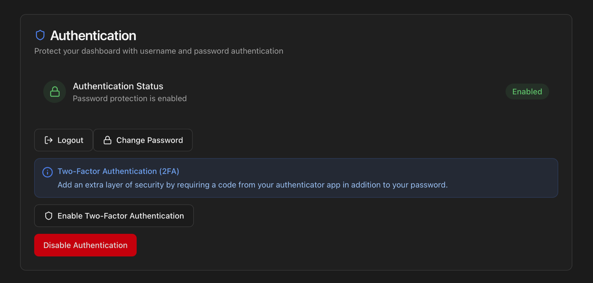 Authentication card showing status Enabled, Logout, Change Password, Two-Factor Authentication info, Enable Two-Factor Authentication and Disable Authentication buttons