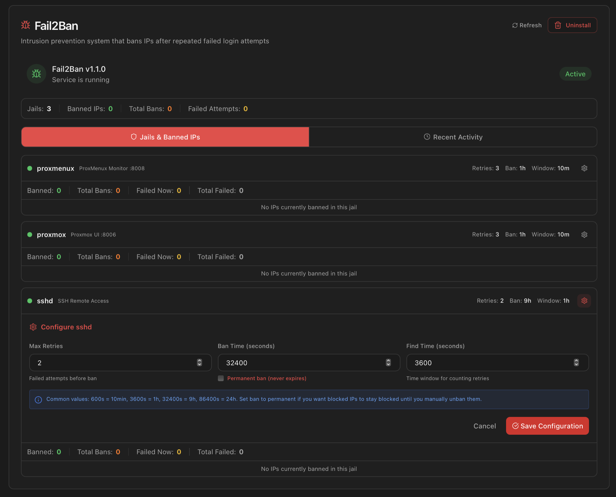 Configure sshd jail form with Max Retries, Ban Time in seconds with Permanent Ban option, Find Time, common values reminder, and Save Configuration button