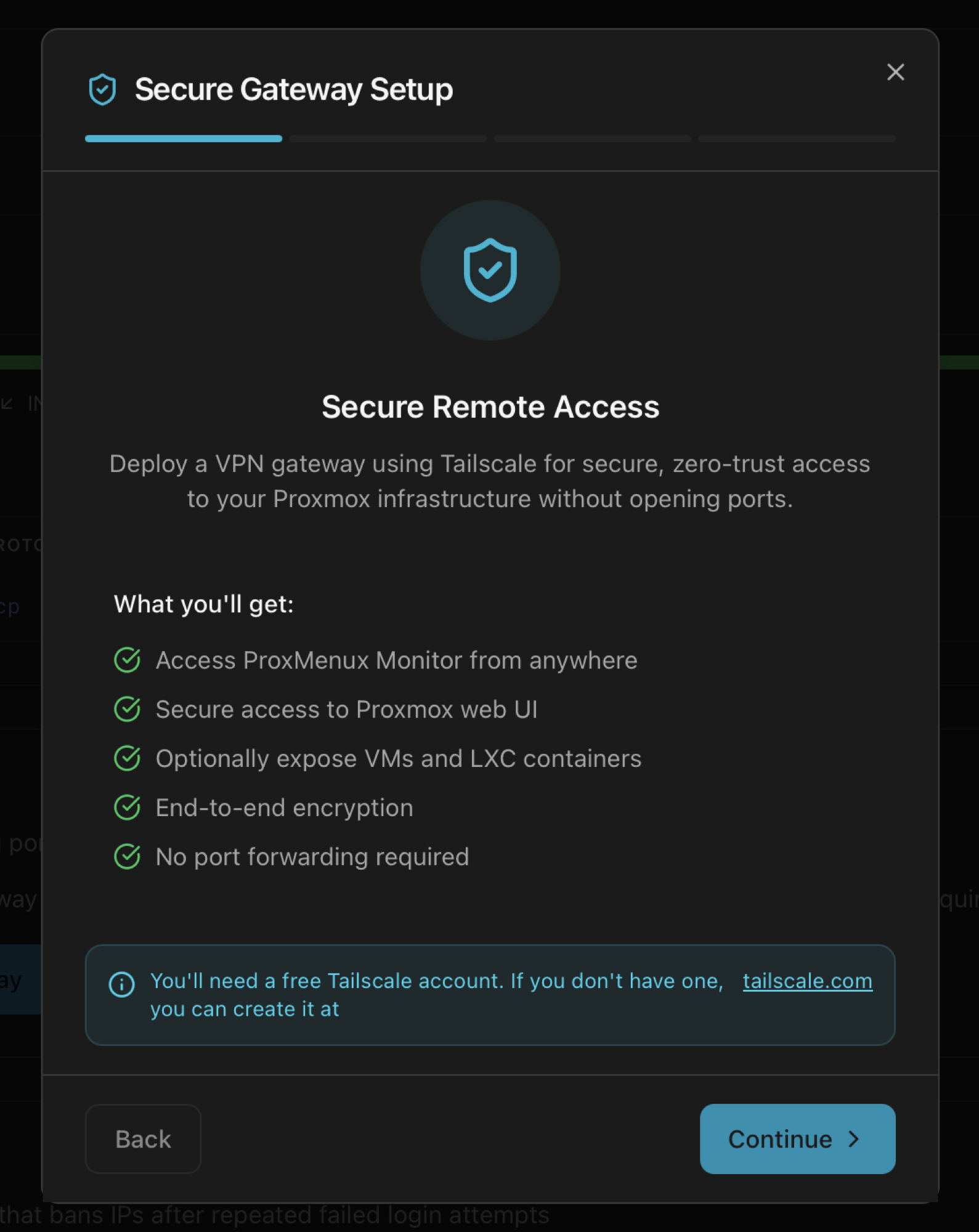 Secure Gateway Setup wizard intro step explaining what the gateway provides: VPN access, no port forwarding, end-to-end encryption