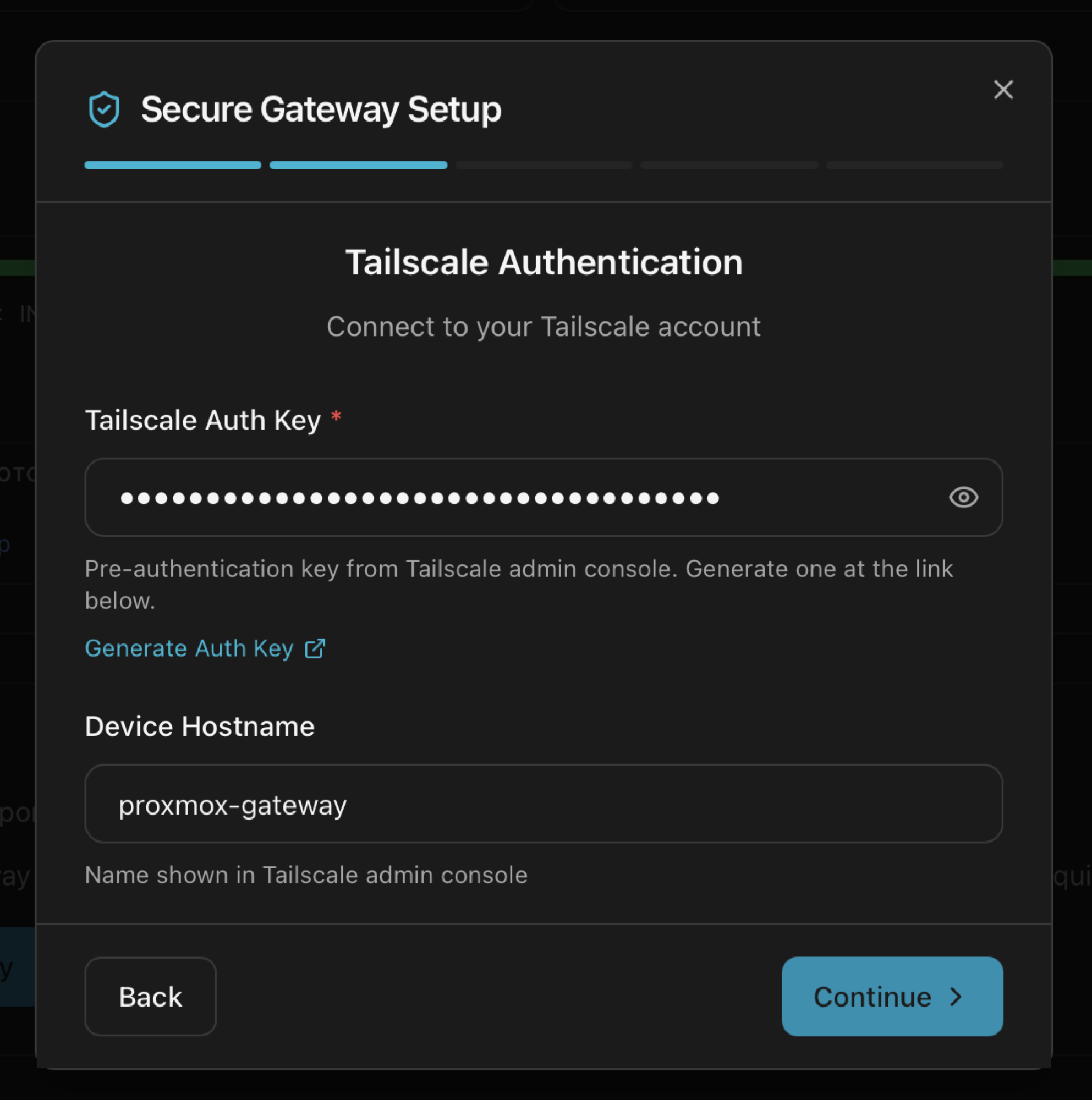 Secure Gateway wizard step asking for Tailscale Auth Key and Device Hostname with link to generate the key