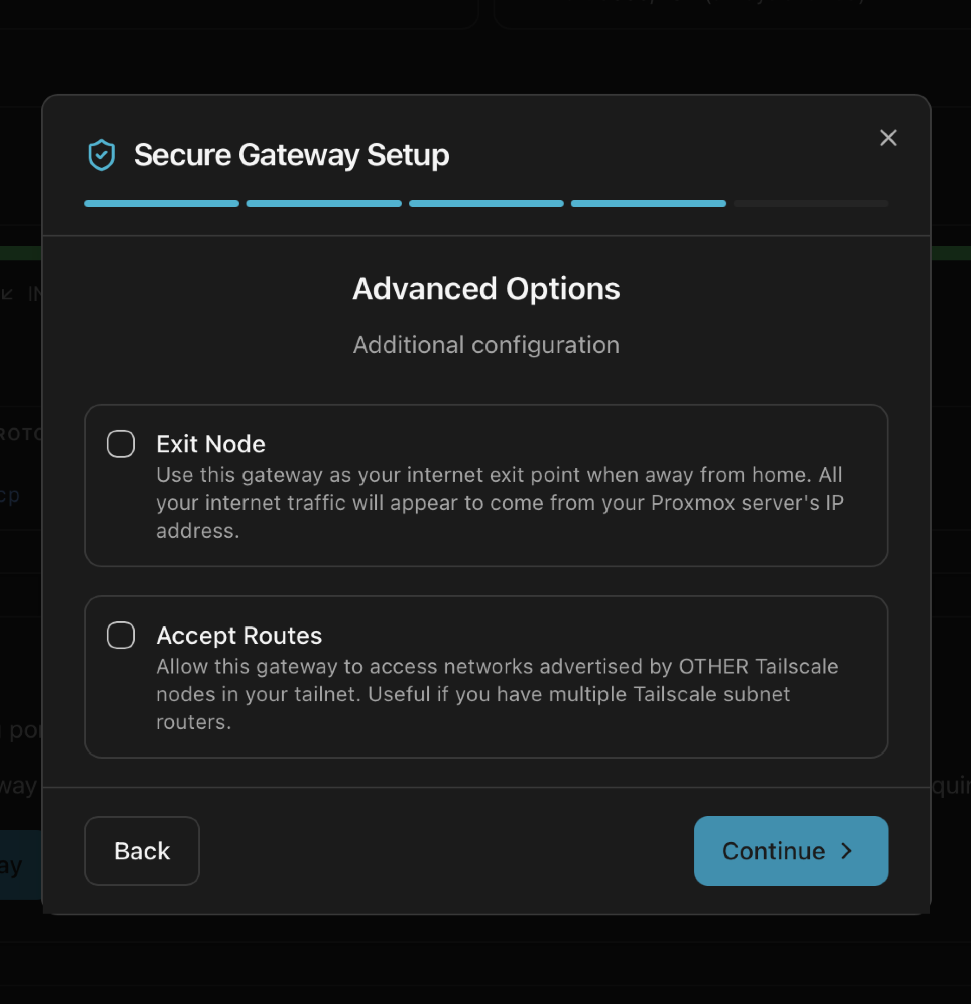 Secure Gateway wizard Advanced Options step with Exit Node and Accept Routes checkboxes