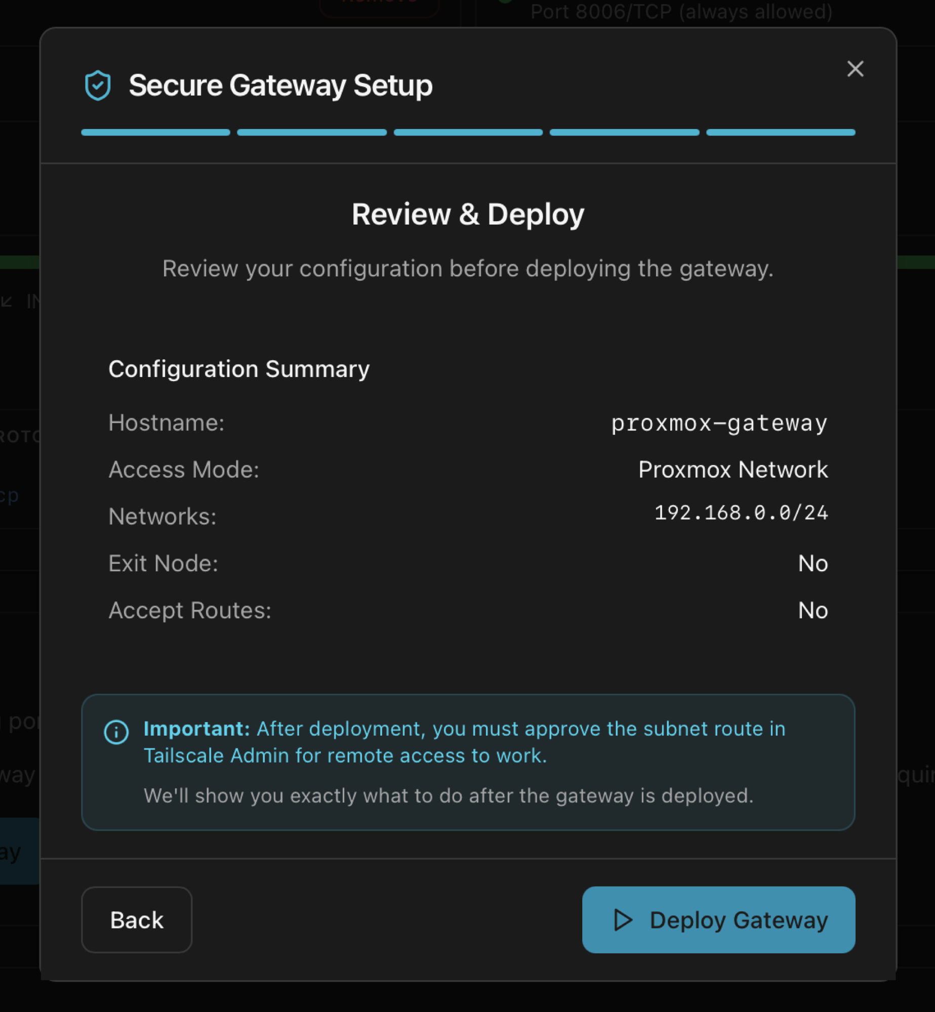 Secure Gateway wizard Review and Deploy step with Configuration Summary showing hostname, access mode, networks, exit node, accept routes and a Deploy Gateway button